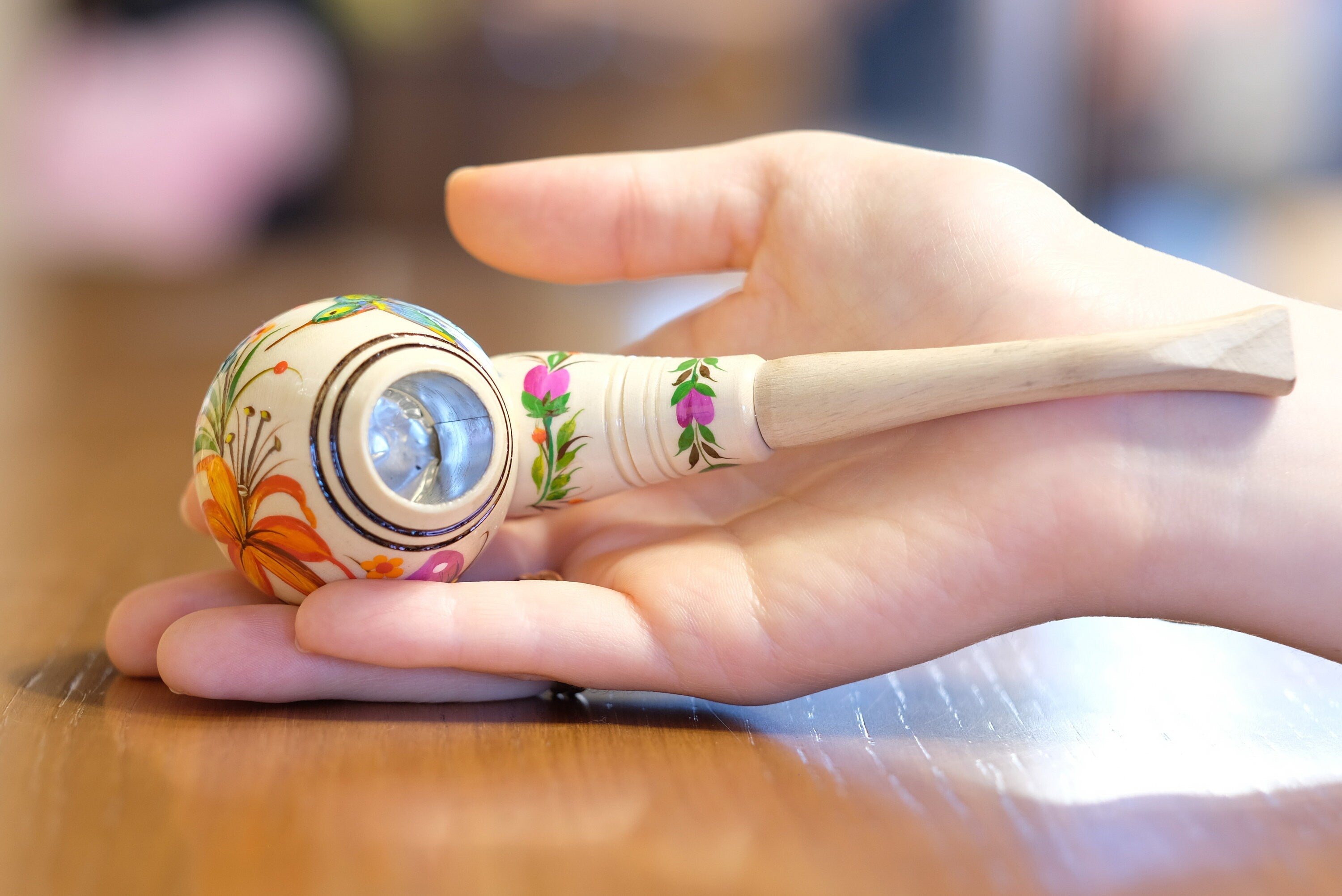 Painted Wooden Smoking Pipe - Hummingbird Tobacco Pipe with Ukrainian Folk Art Petrykivka