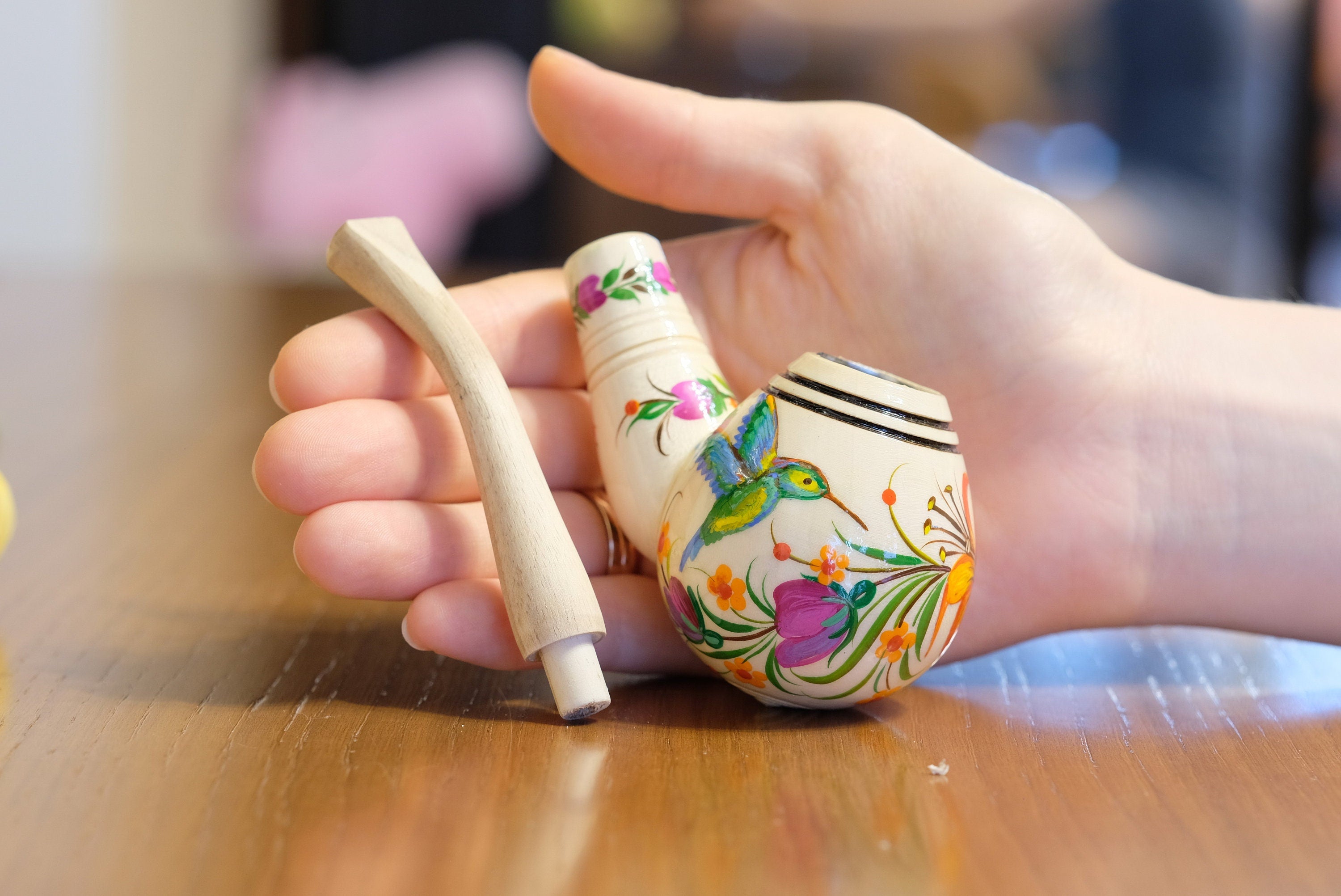 Painted Wooden Smoking Pipe - Hummingbird Tobacco Pipe with Ukrainian Folk Art Petrykivka