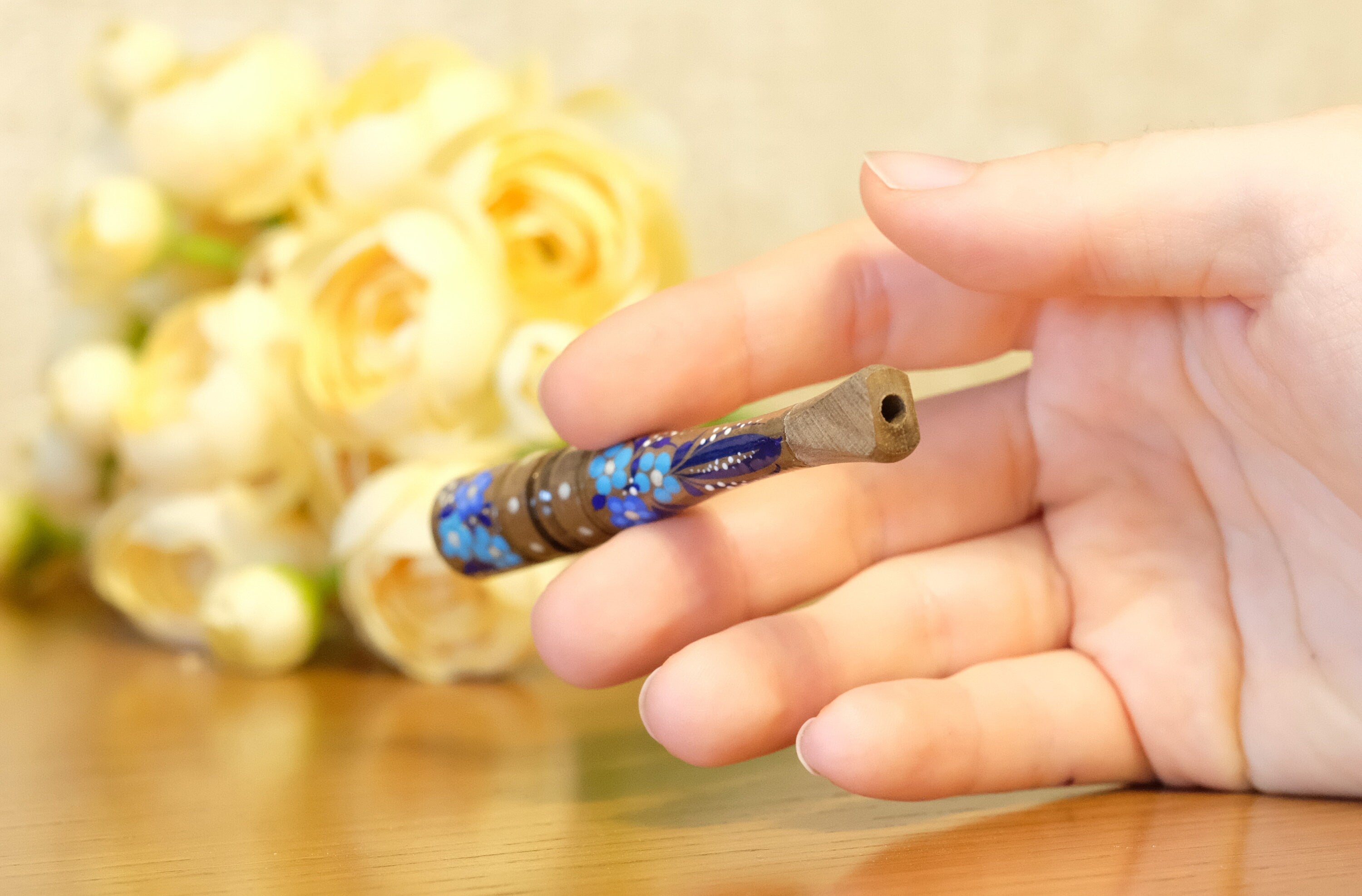 Painted Wooden Cigarette Holder - Regular Blue Flower Mouthpiece with Ukrainian Folk Art Petrykivka