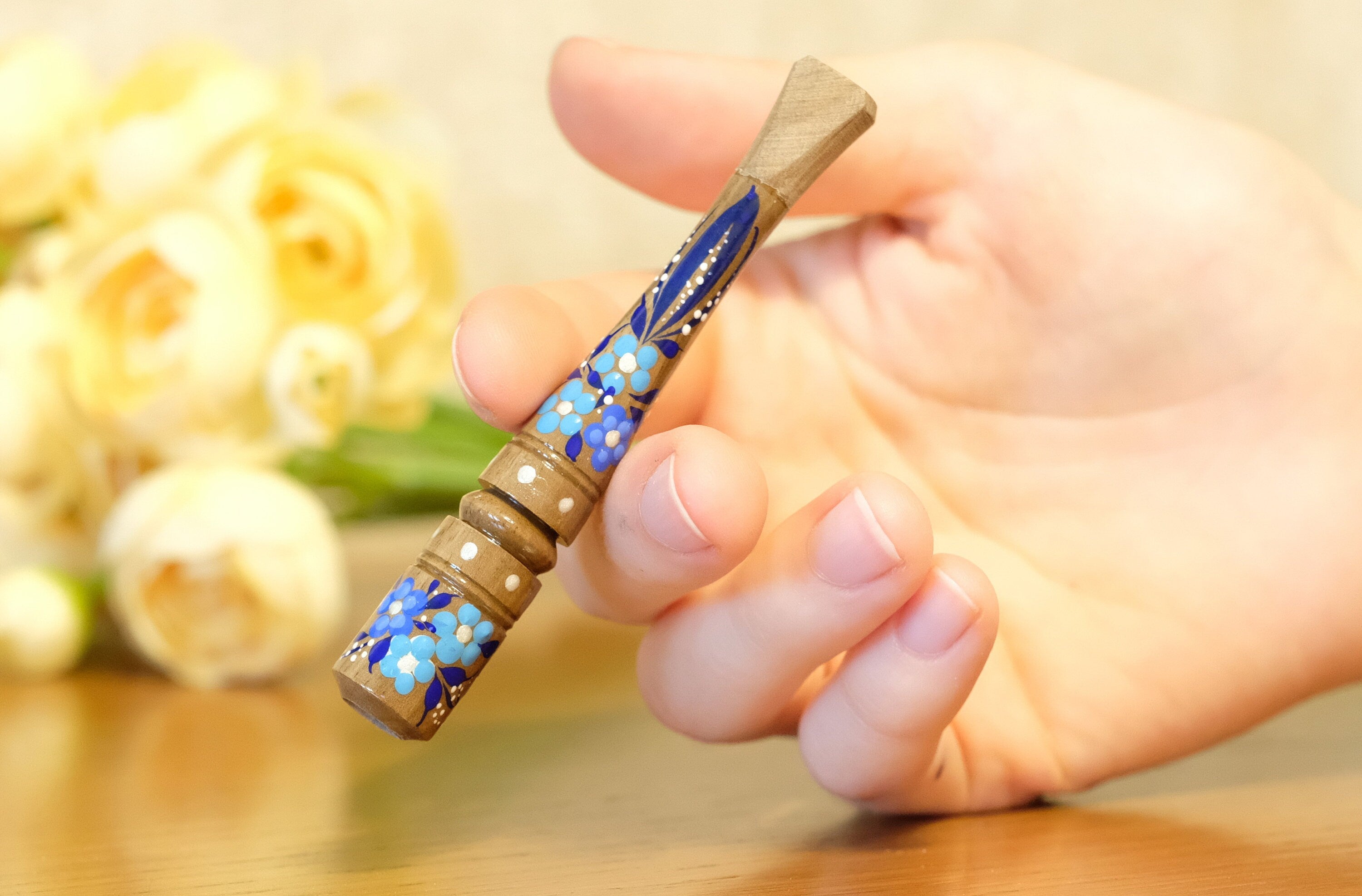 Painted Wooden Cigarette Holder - Regular Blue Flower Mouthpiece with Ukrainian Folk Art Petrykivka