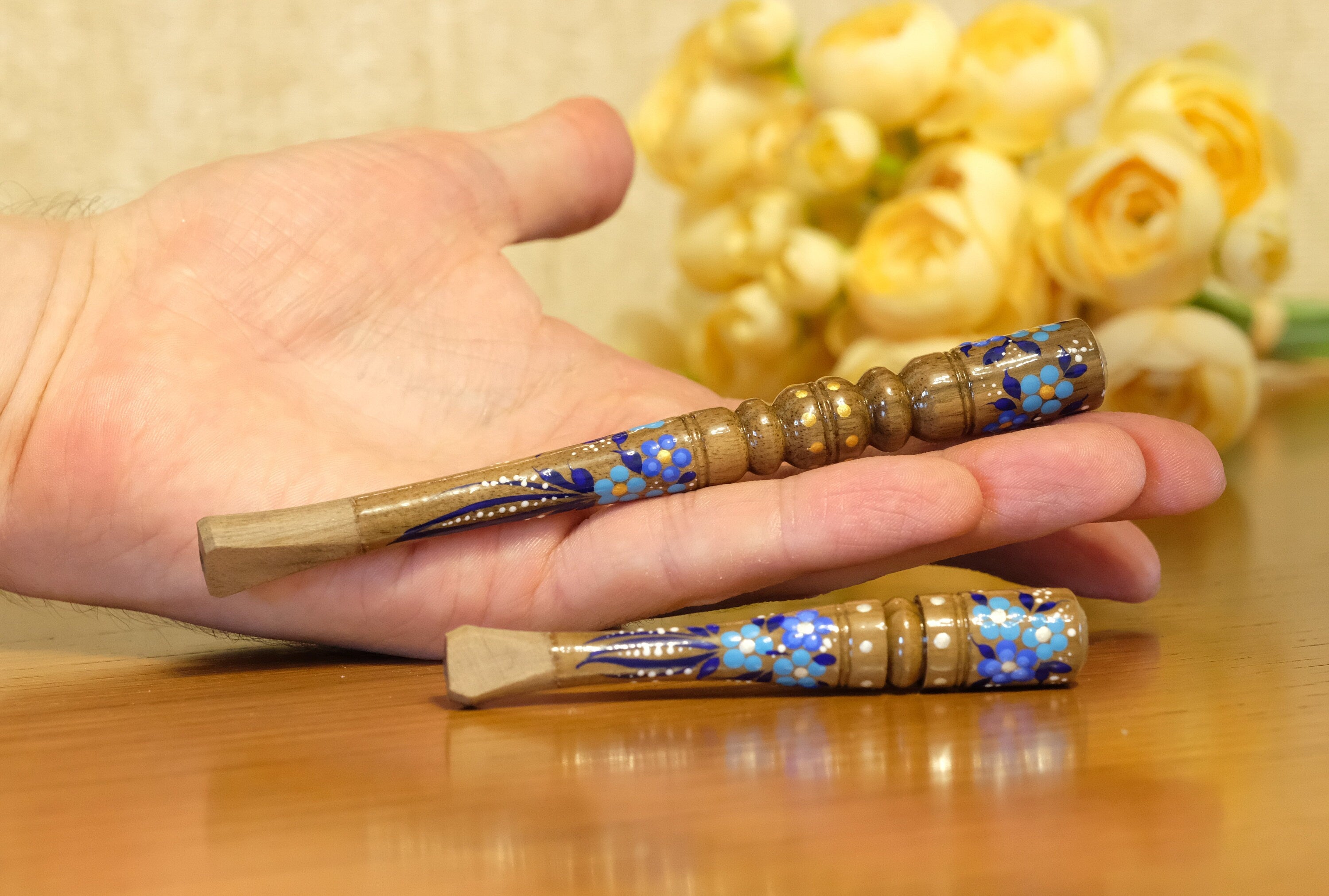 Painted Wooden Cigarette Holder - Regular Blue Flower Mouthpiece with Ukrainian Folk Art Petrykivka