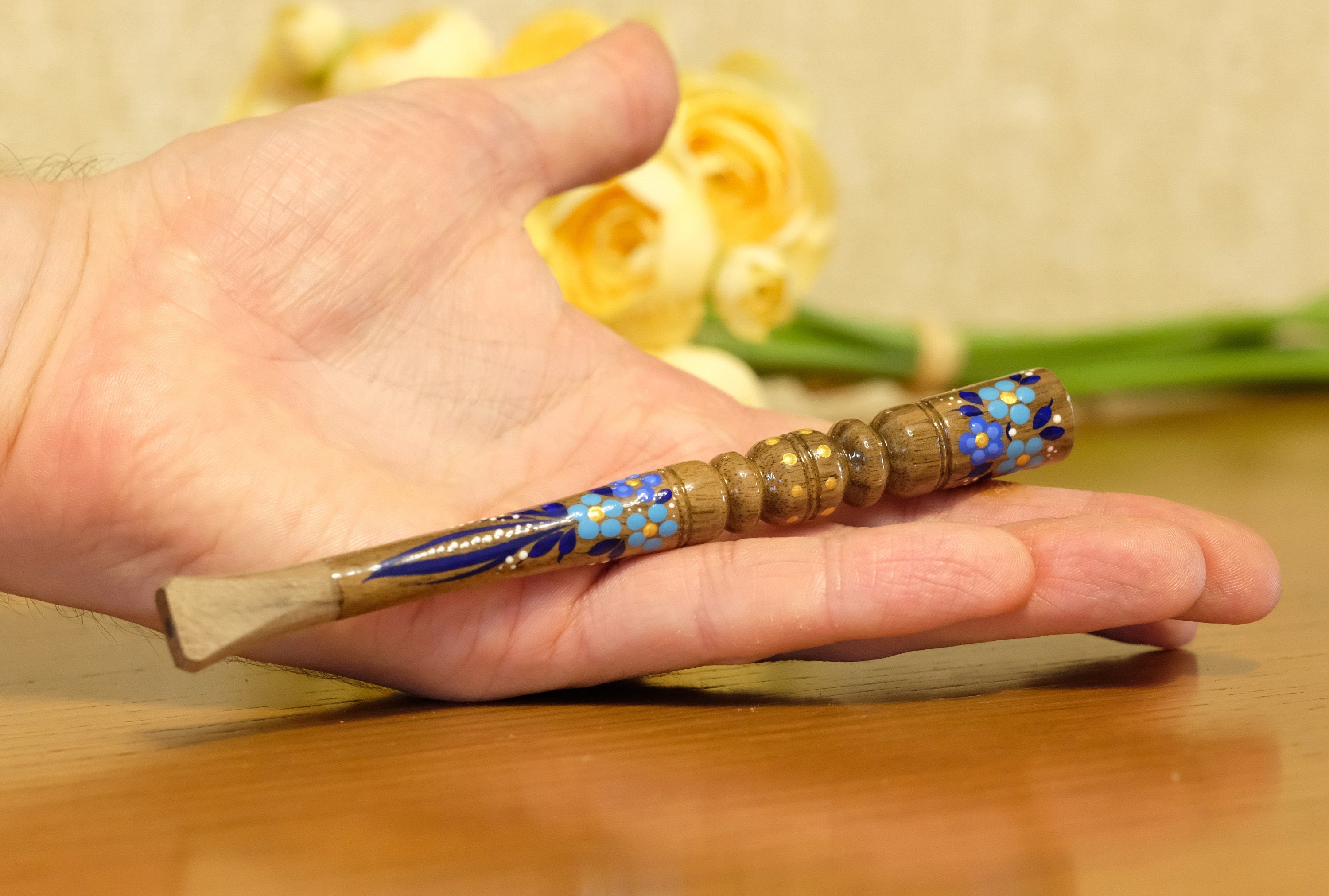Painted Wooden Cigarette Holder - Regular Blue Flower Mouthpiece with Ukrainian Folk Art Petrykivka