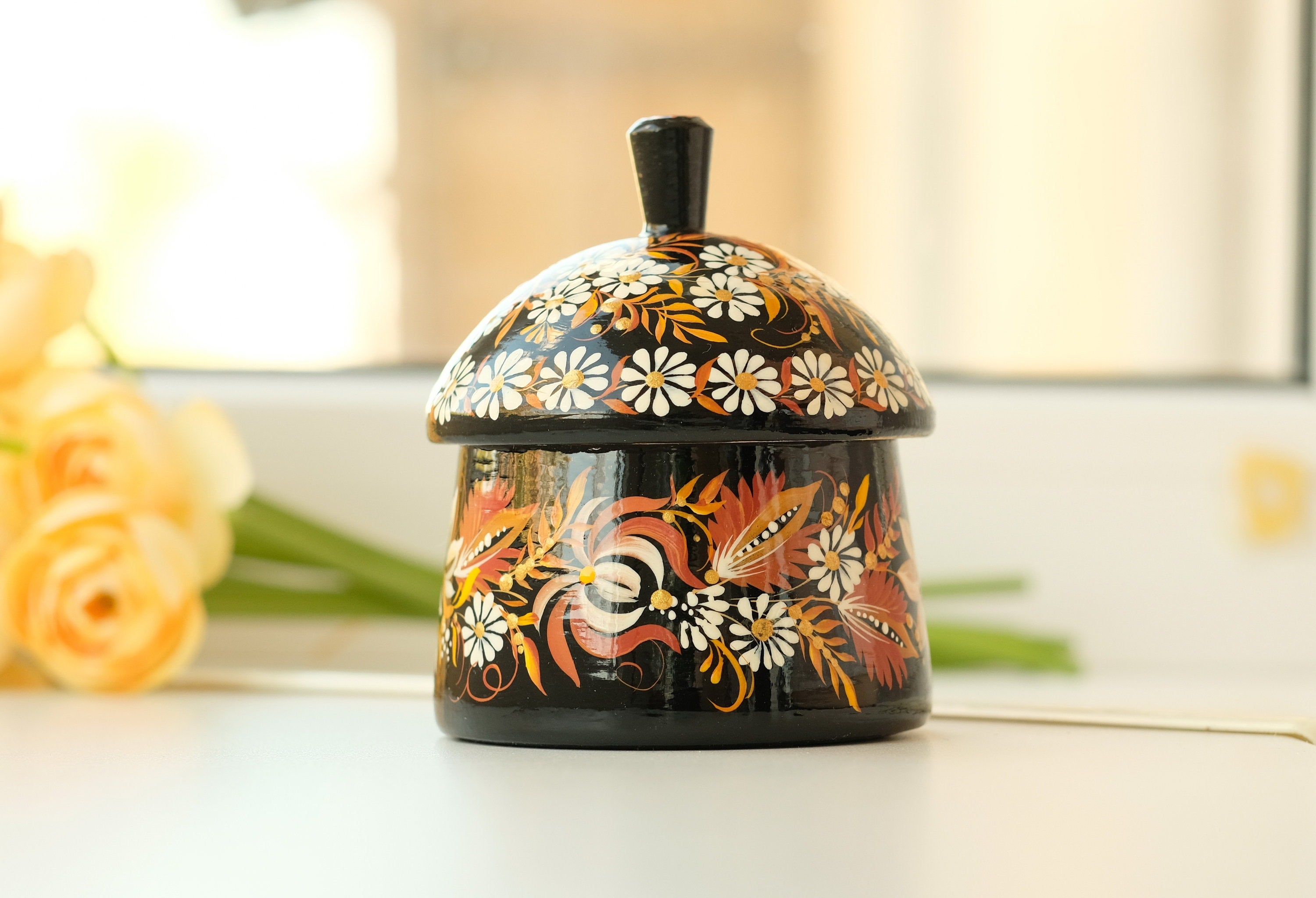 Wooden Sugar Bowl with Lid Small - Hand-painted Beige Flower House-shaped Dry Goods Container, Petrykivka Art