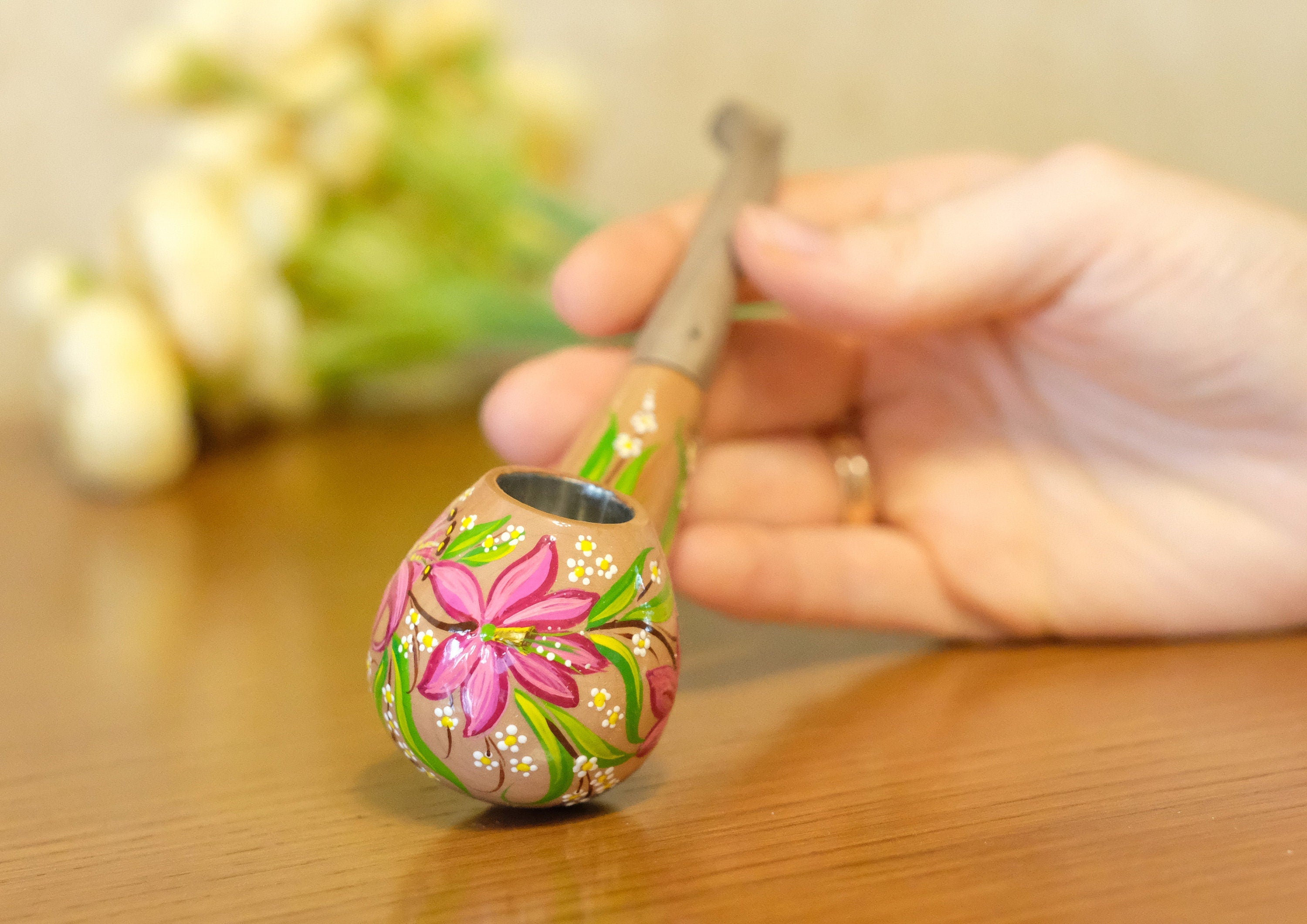 Painted Wooden Tobacco Smoking Pipe - Lily Flower Pipe with Ukrainian Folk Art Petrykivka