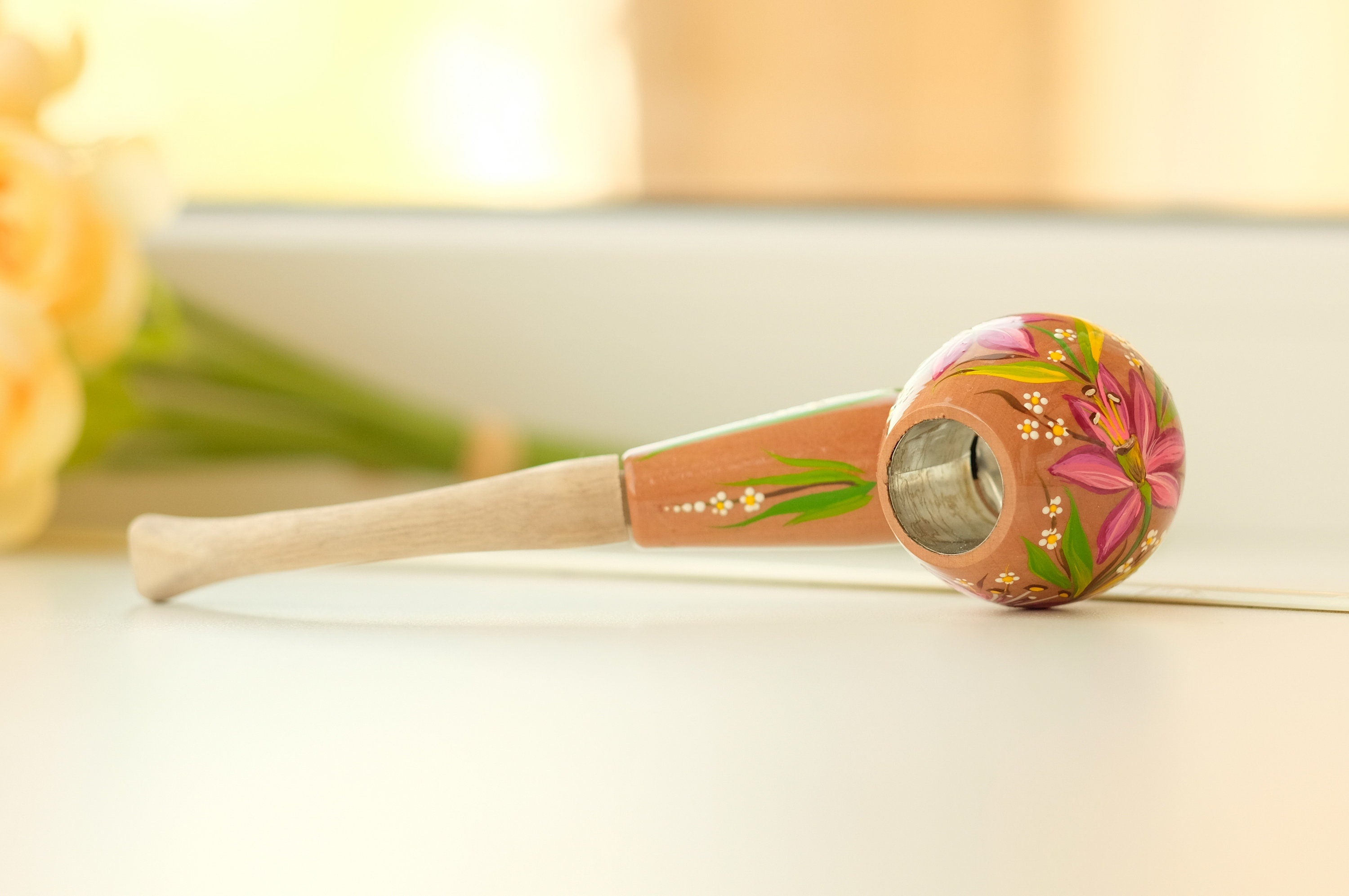 Painted Wooden Tobacco Smoking Pipe - Lily Flower Pipe with Ukrainian Folk Art Petrykivka