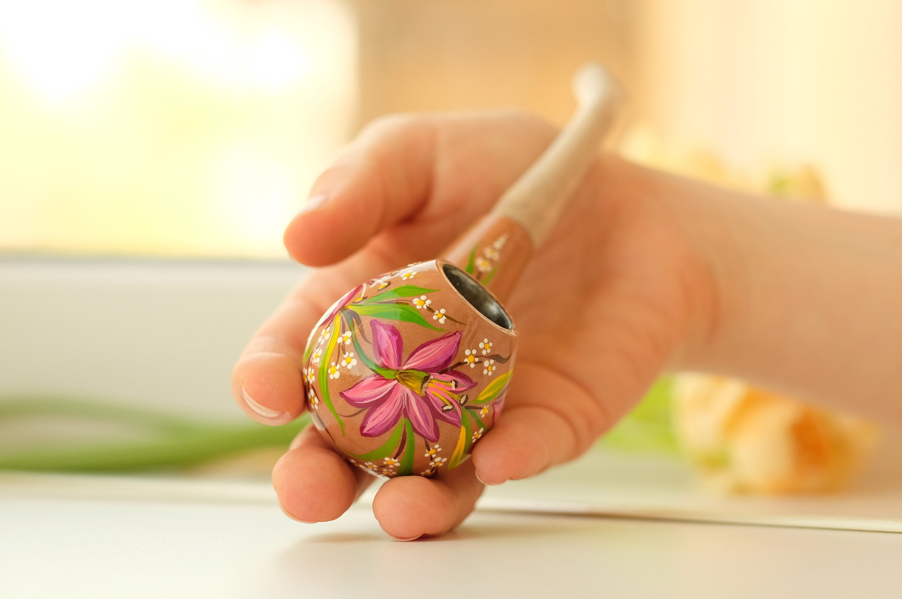 Painted Wooden Tobacco Smoking Pipe - Lily Flower Pipe with Ukrainian Folk Art Petrykivka