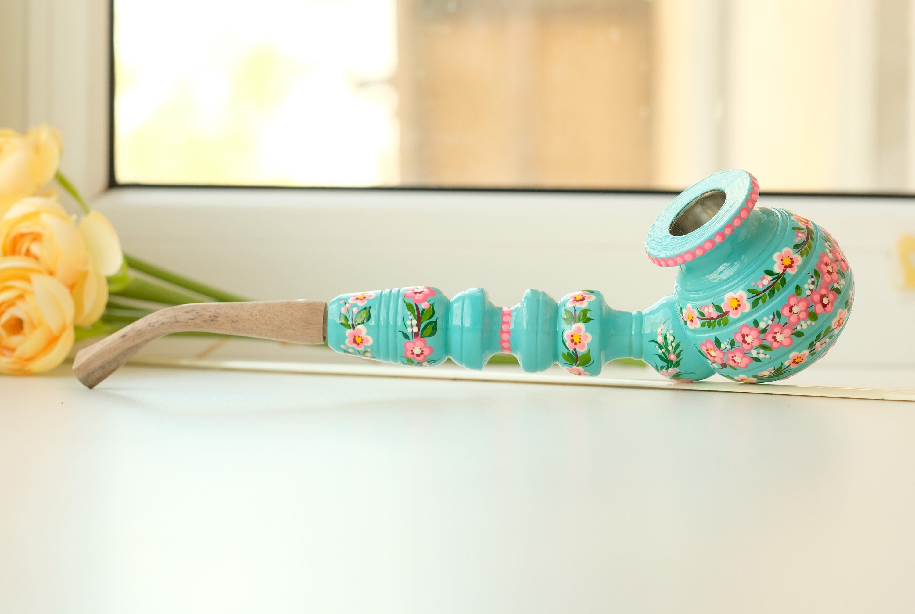 Wooden Smoking Pipe with Painted Cherry Blossom - Ukrainian Folk Art Petrykivka