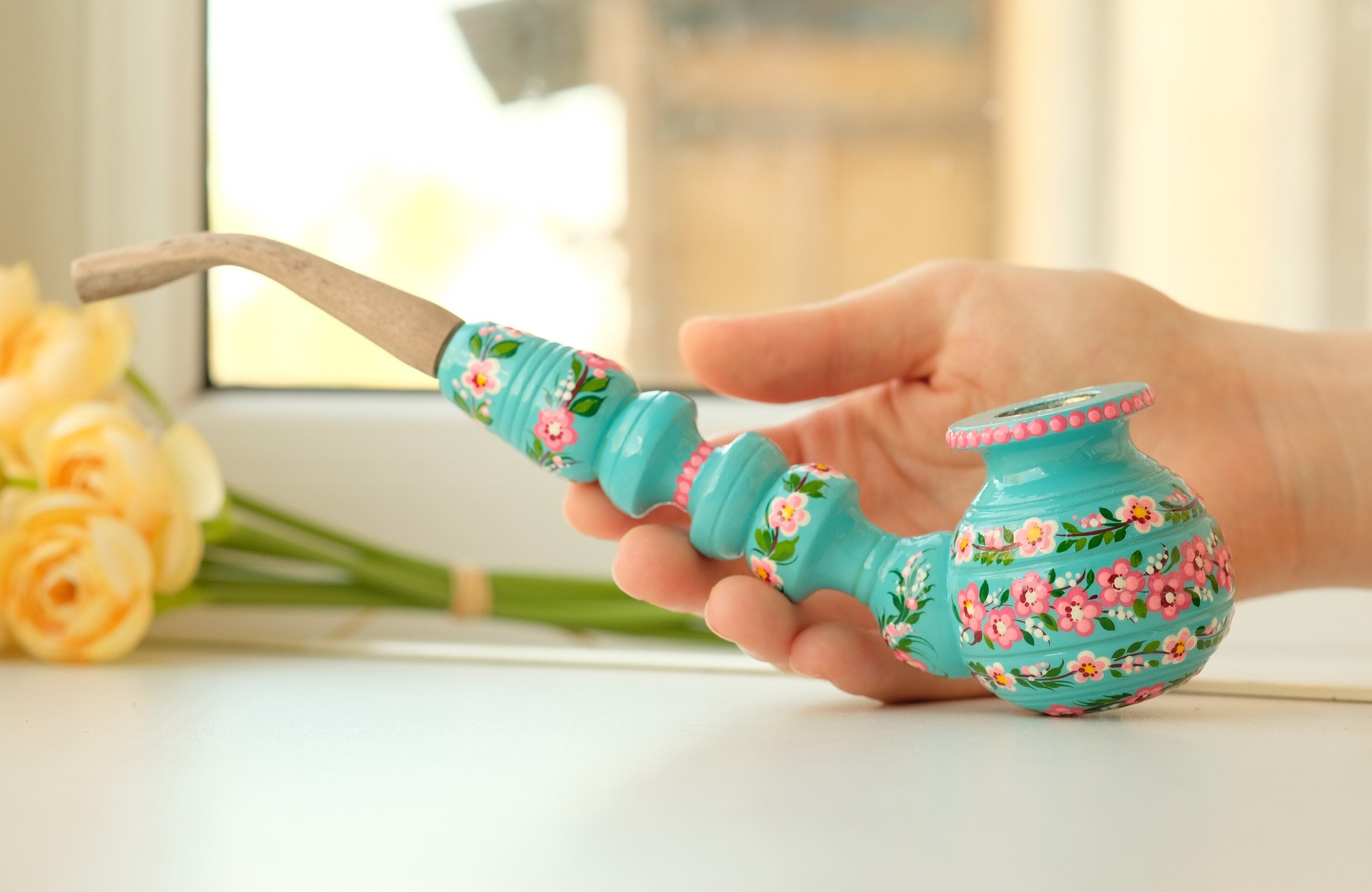 Wooden Smoking Pipe with Painted Cherry Blossom - Ukrainian Folk Art Petrykivka