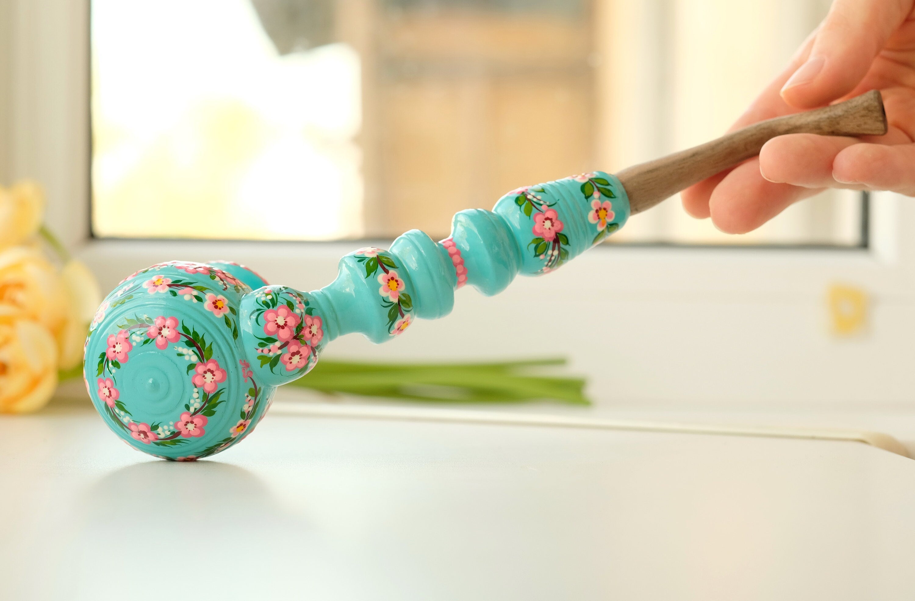Wooden Smoking Pipe with Painted Cherry Blossom - Ukrainian Folk Art Petrykivka