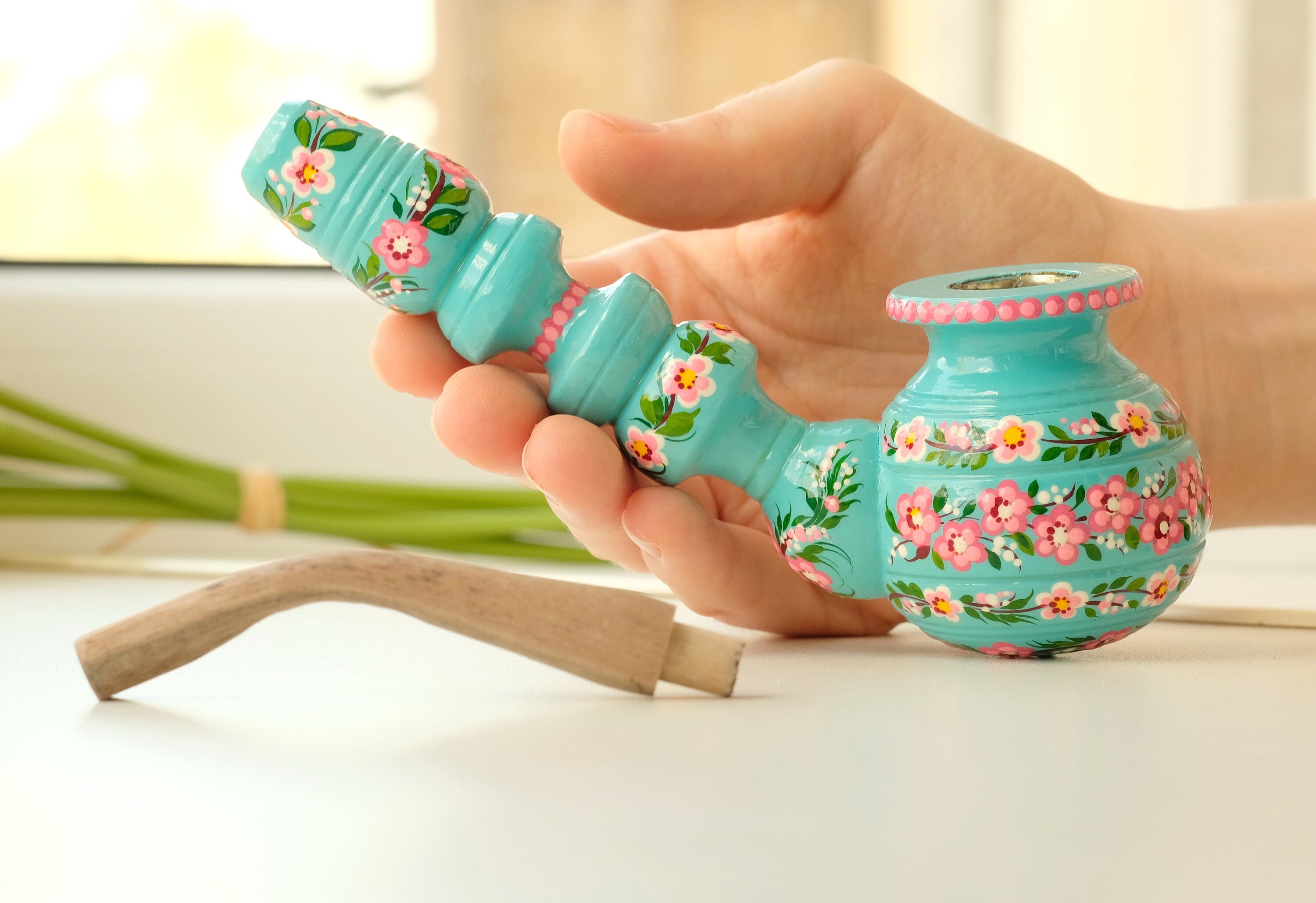 Wooden Smoking Pipe with Painted Cherry Blossom - Ukrainian Folk Art Petrykivka