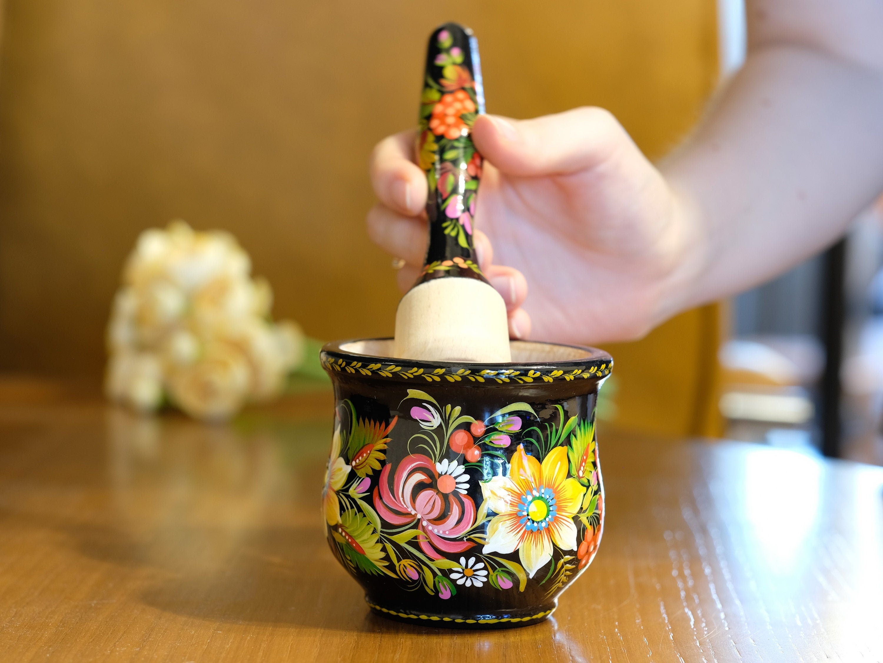 Wooden Sunflower Mortar and Pestle Set - Handmade Yellow Flower Painted Spices and Herb Masher, Petrykivka Art