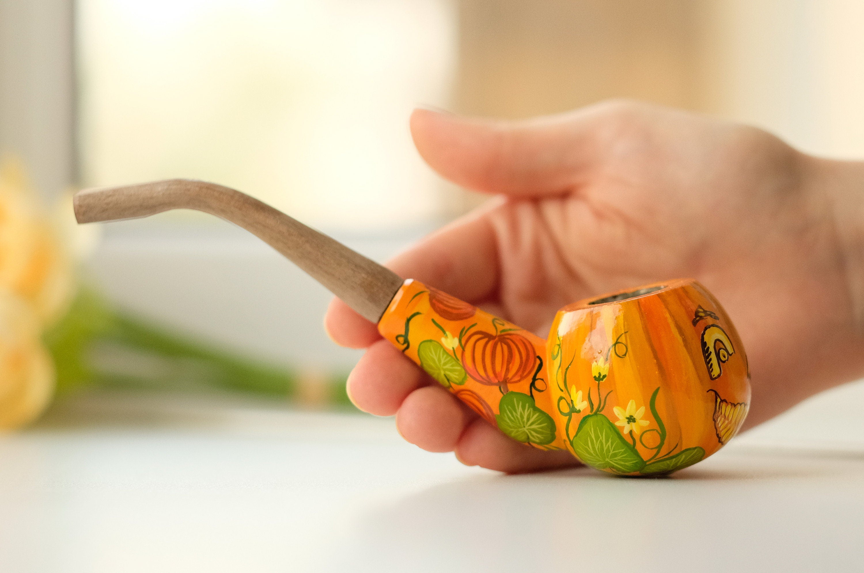 Painted Halloween smoking pipe - Wooden pumpkin Jack-o'-lantern tobacco pipe