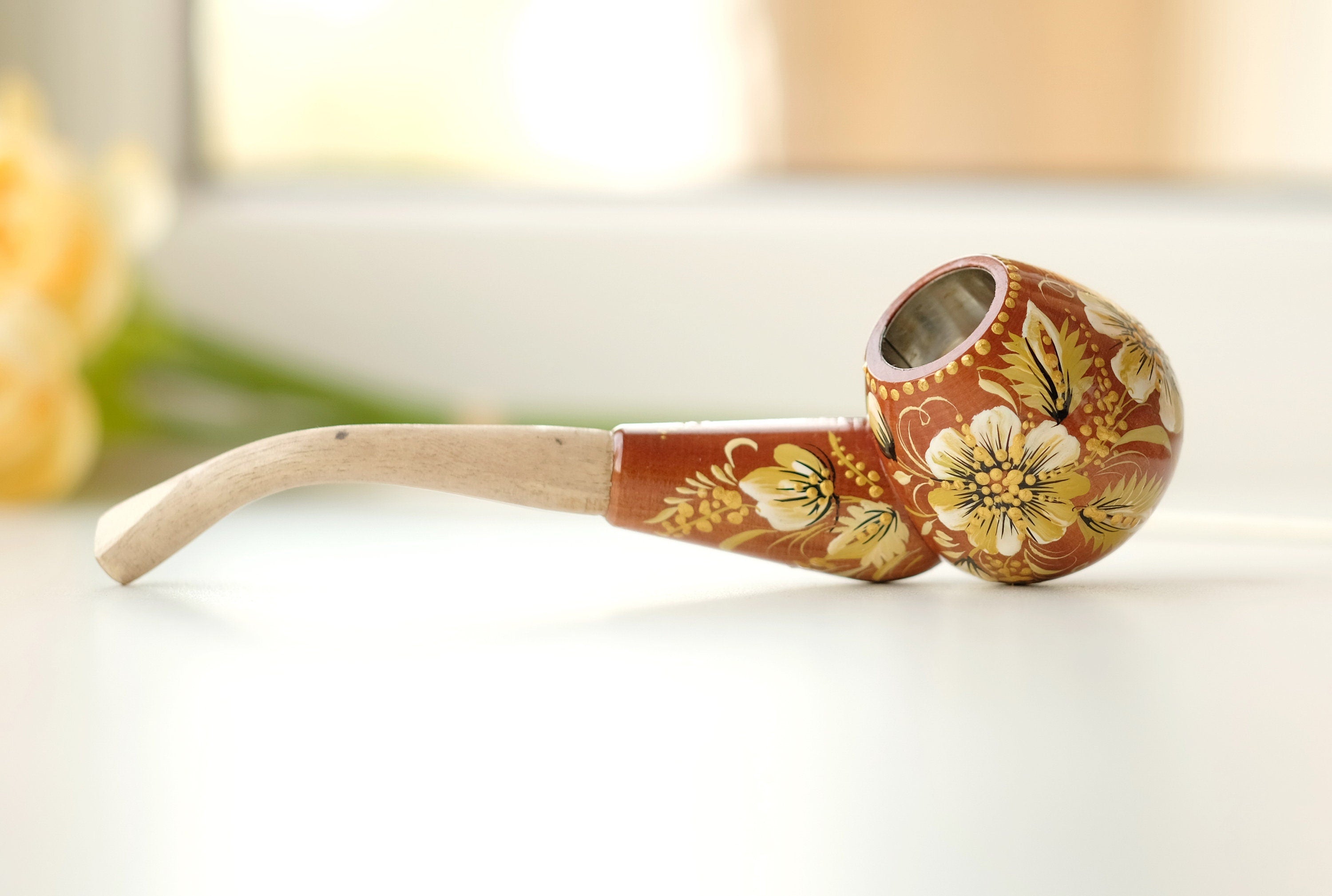 Wooden Tobacco Smoking Pipe - Personalized Beige & Gold Flower Pipe with Ukrainian Folk Art Petrykivka