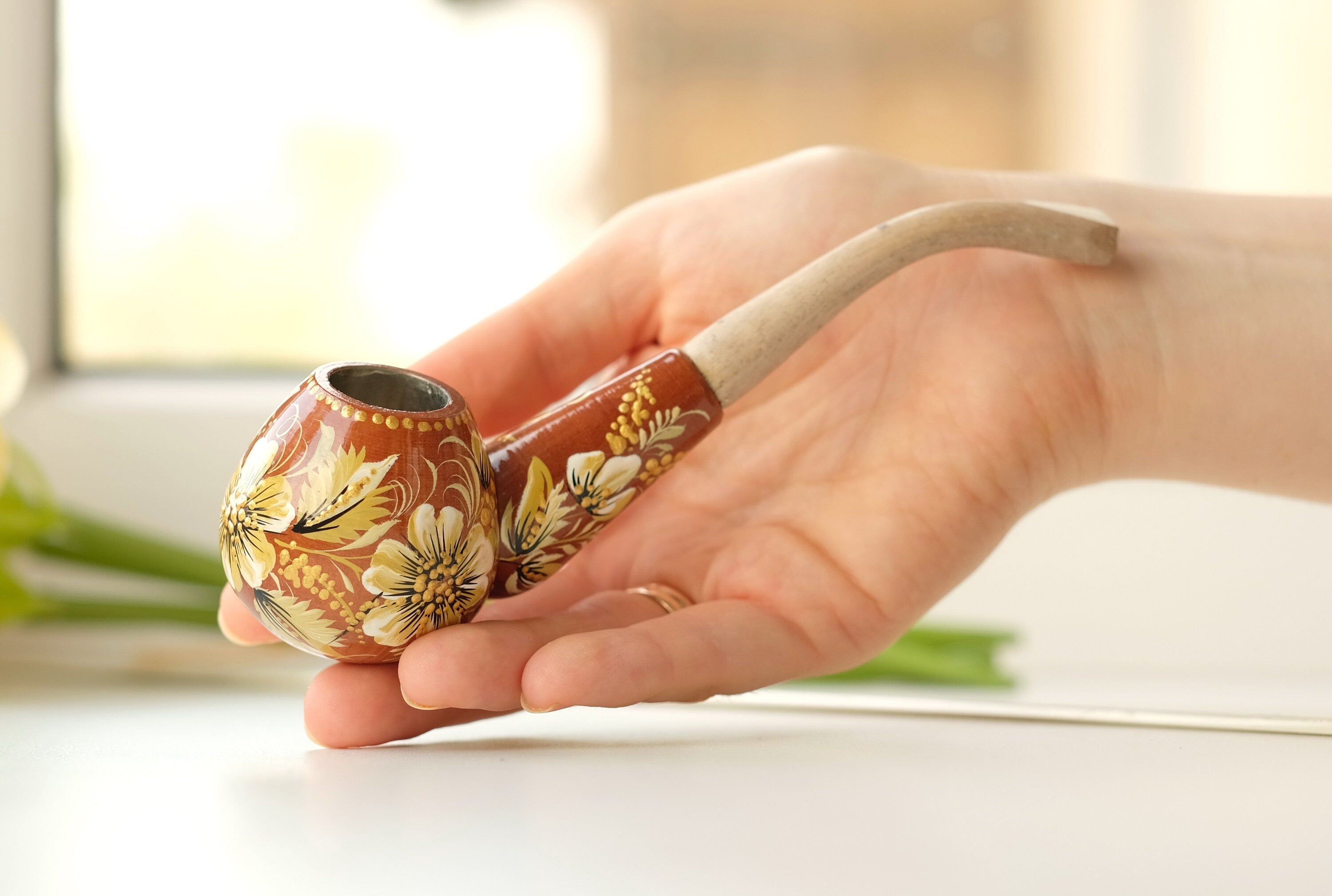 Wooden Tobacco Smoking Pipe - Personalized Beige & Gold Flower Pipe with Ukrainian Folk Art Petrykivka
