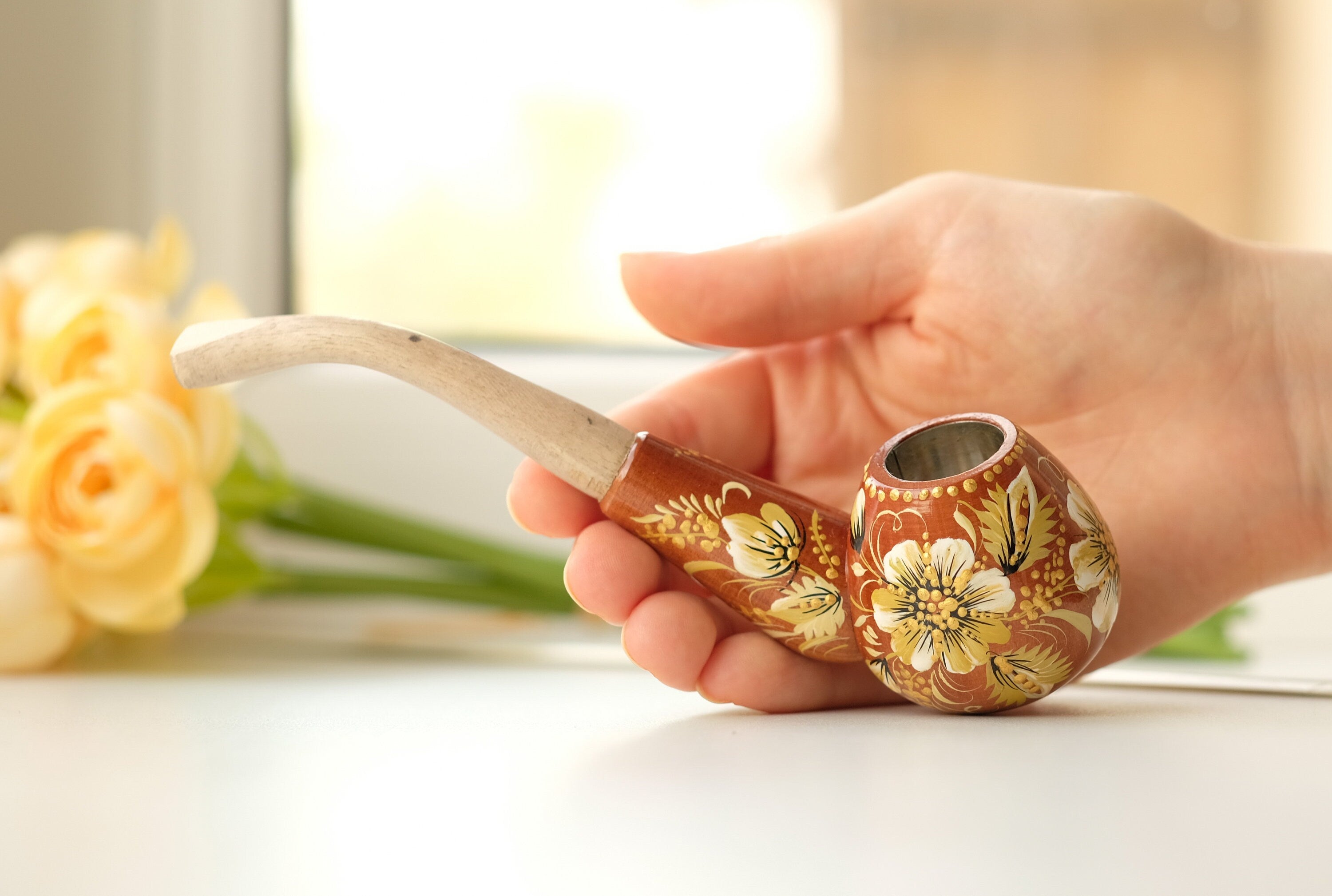 Wooden Tobacco Smoking Pipe - Personalized Beige & Gold Flower Pipe with Ukrainian Folk Art Petrykivka