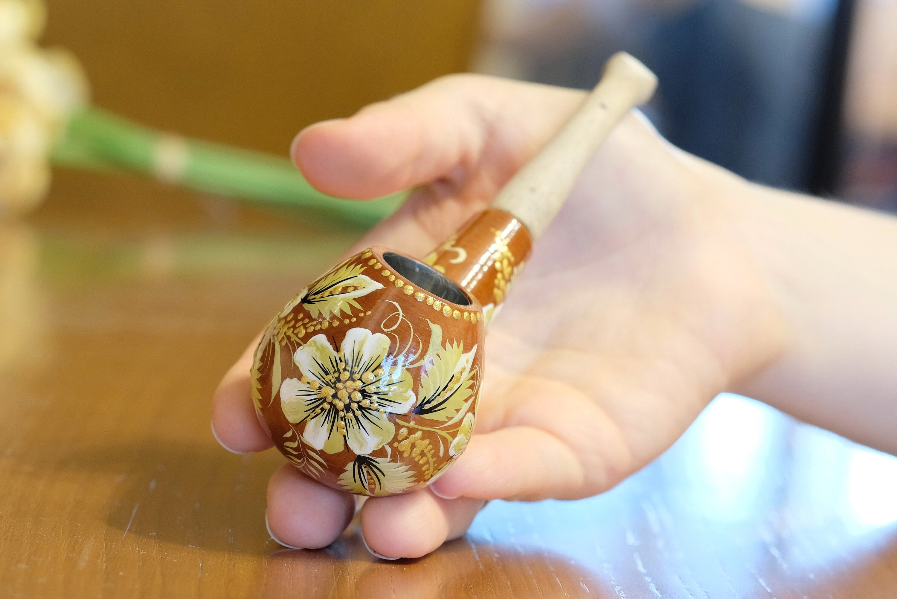 Wooden Tobacco Smoking Pipe - Personalized Beige & Gold Flower Pipe with Ukrainian Folk Art Petrykivka