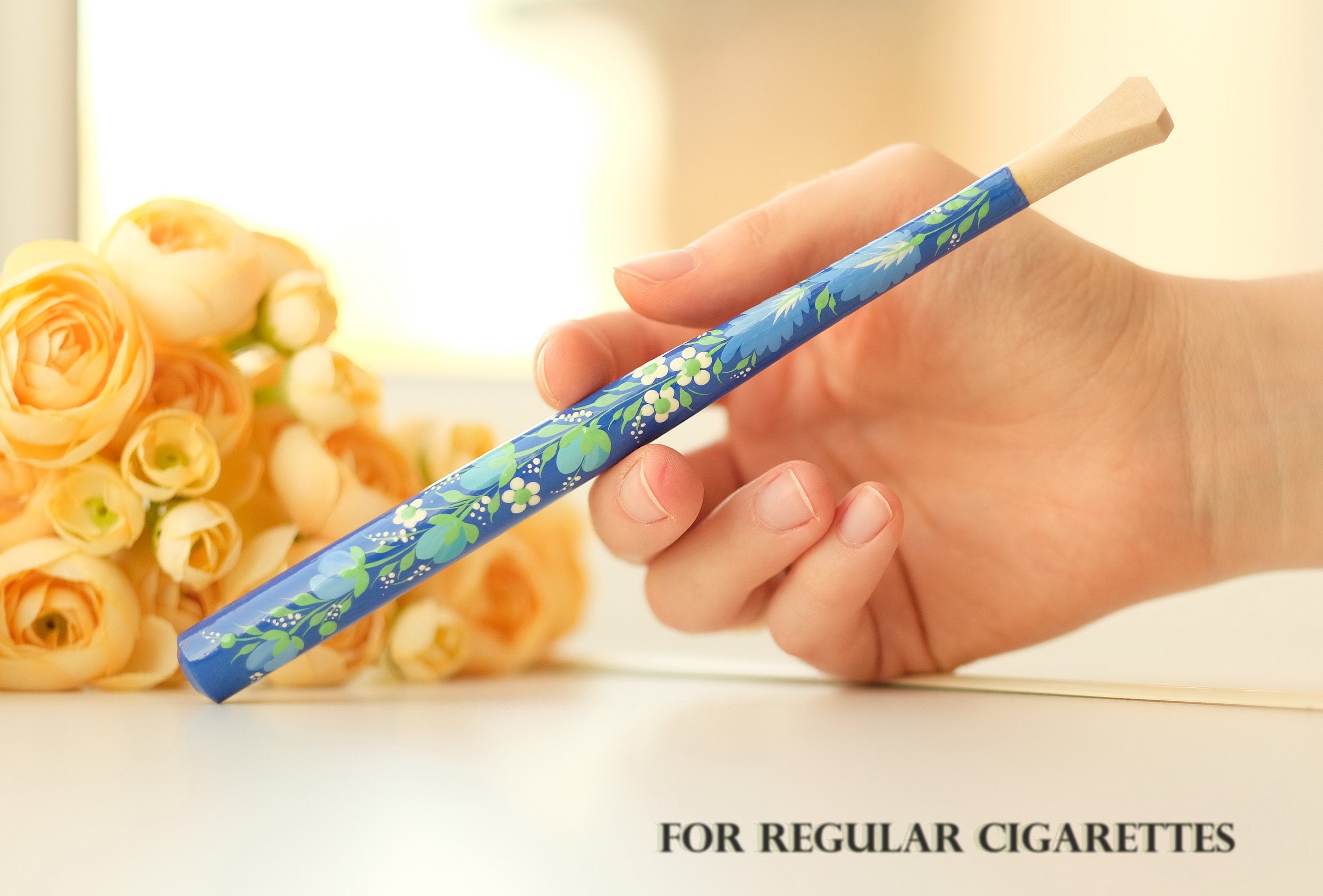 Painted Wooden Cigarette Holder - Regular & Slim - Blue Flower Mouthpiece with Ukrainian Folk Art Petrykivka