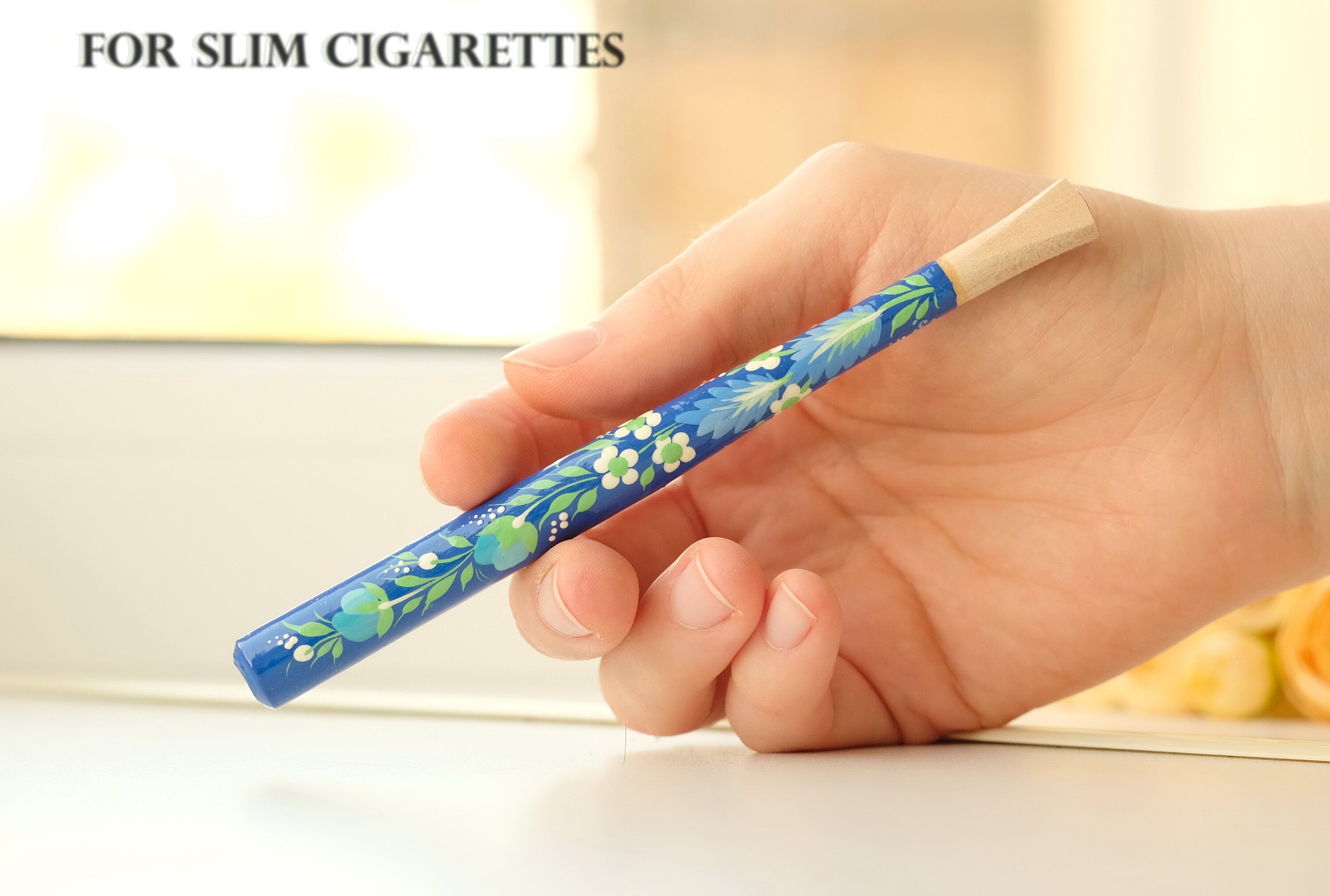 Painted Wooden Cigarette Holder - Regular & Slim - Blue Flower Mouthpiece with Ukrainian Folk Art Petrykivka