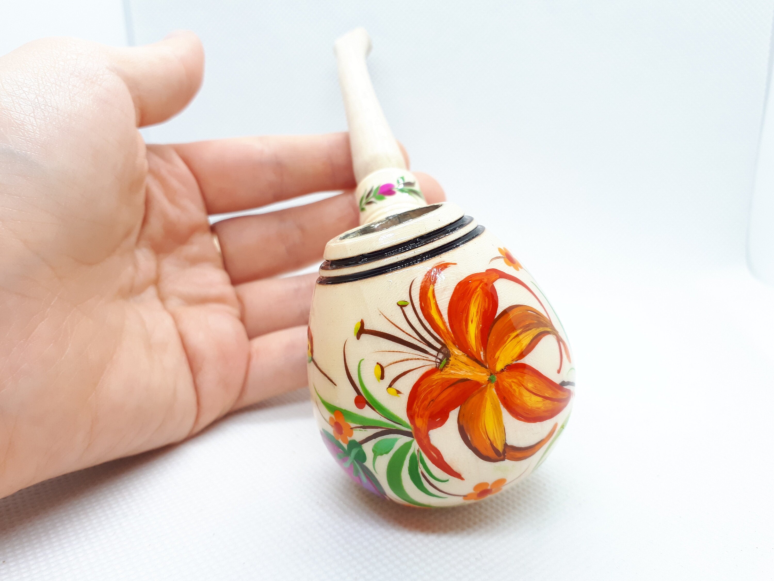 Painted Wooden Smoking Pipe - Hummingbird Tobacco Pipe with Ukrainian Folk Art Petrykivka