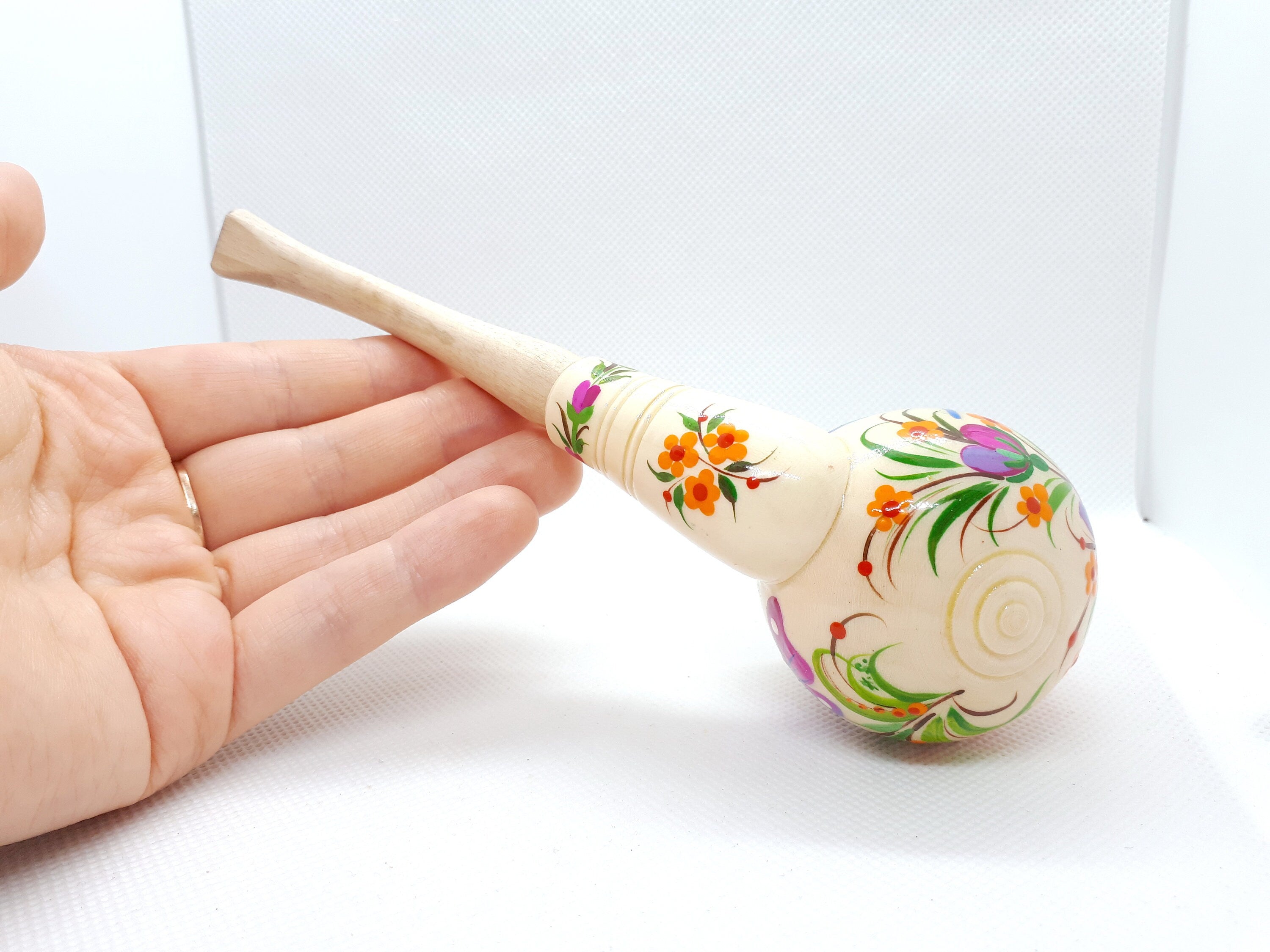 Painted Wooden Smoking Pipe - Hummingbird Tobacco Pipe with Ukrainian Folk Art Petrykivka