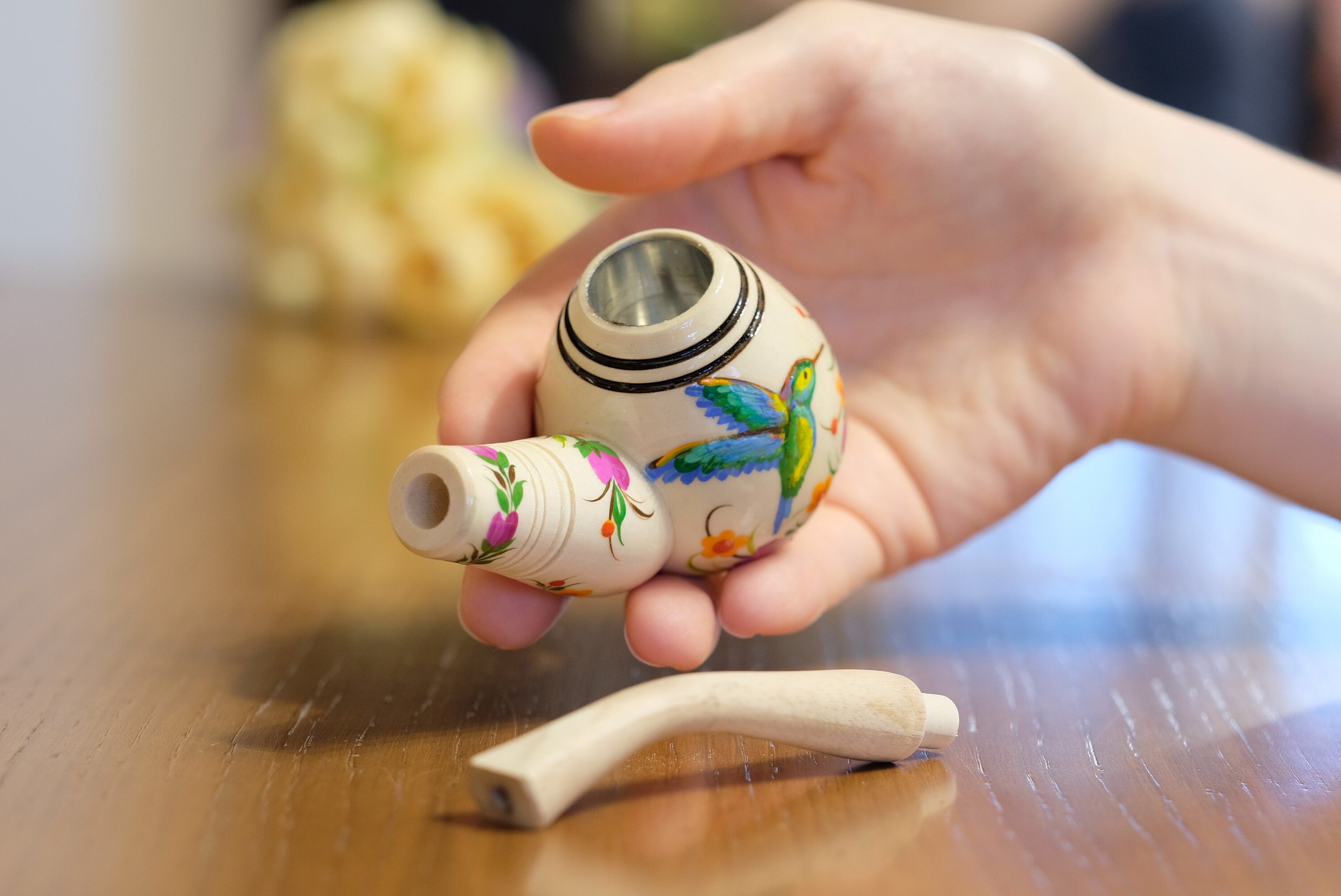 Painted Wooden Smoking Pipe - Hummingbird Tobacco Pipe with Ukrainian Folk Art Petrykivka