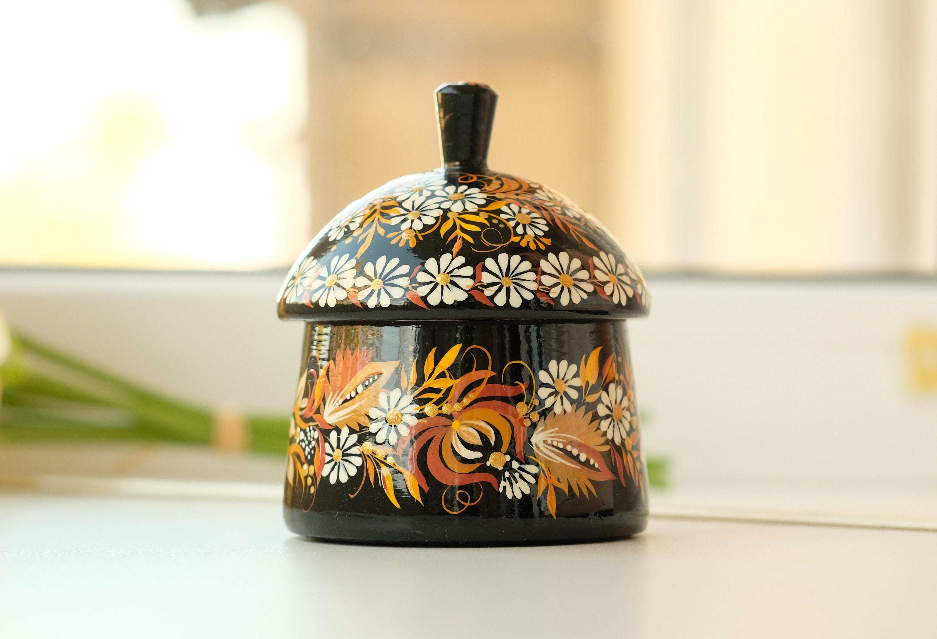 Wooden Sugar Bowl with Lid Small - Hand-painted Beige Flower House-shaped Dry Goods Container, Petrykivka Art