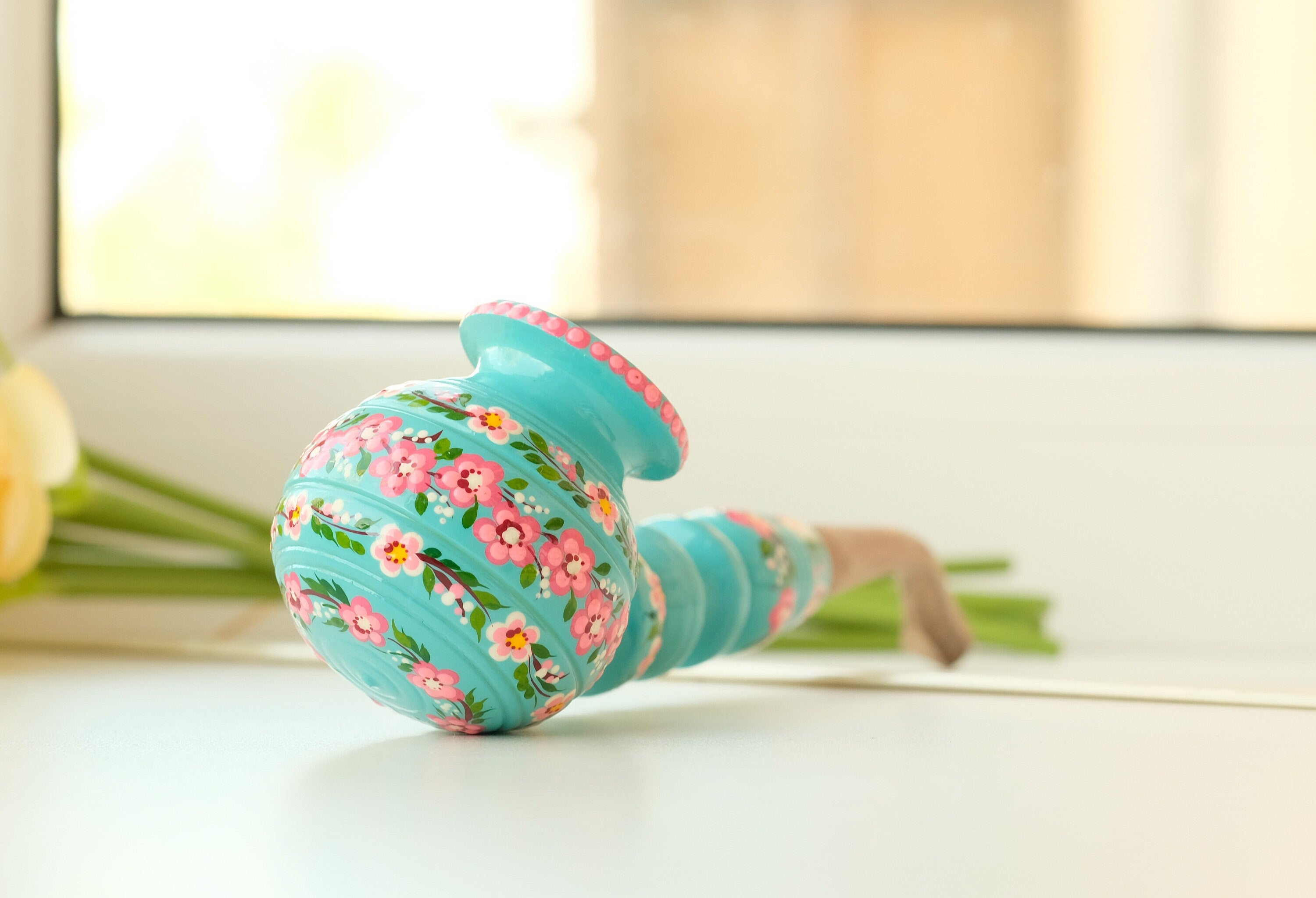 Wooden Smoking Pipe with Painted Cherry Blossom - Ukrainian Folk Art Petrykivka