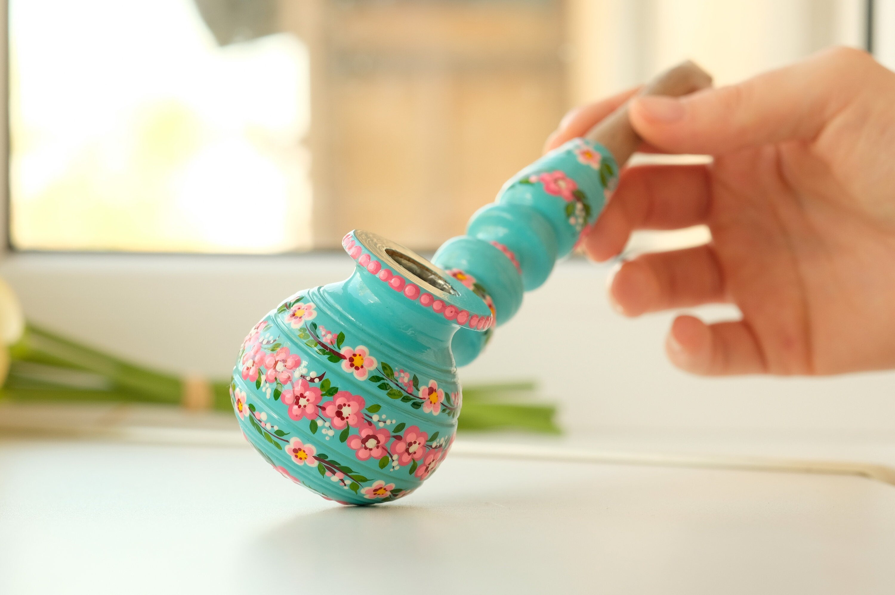 Wooden Smoking Pipe with Painted Cherry Blossom - Ukrainian Folk Art Petrykivka