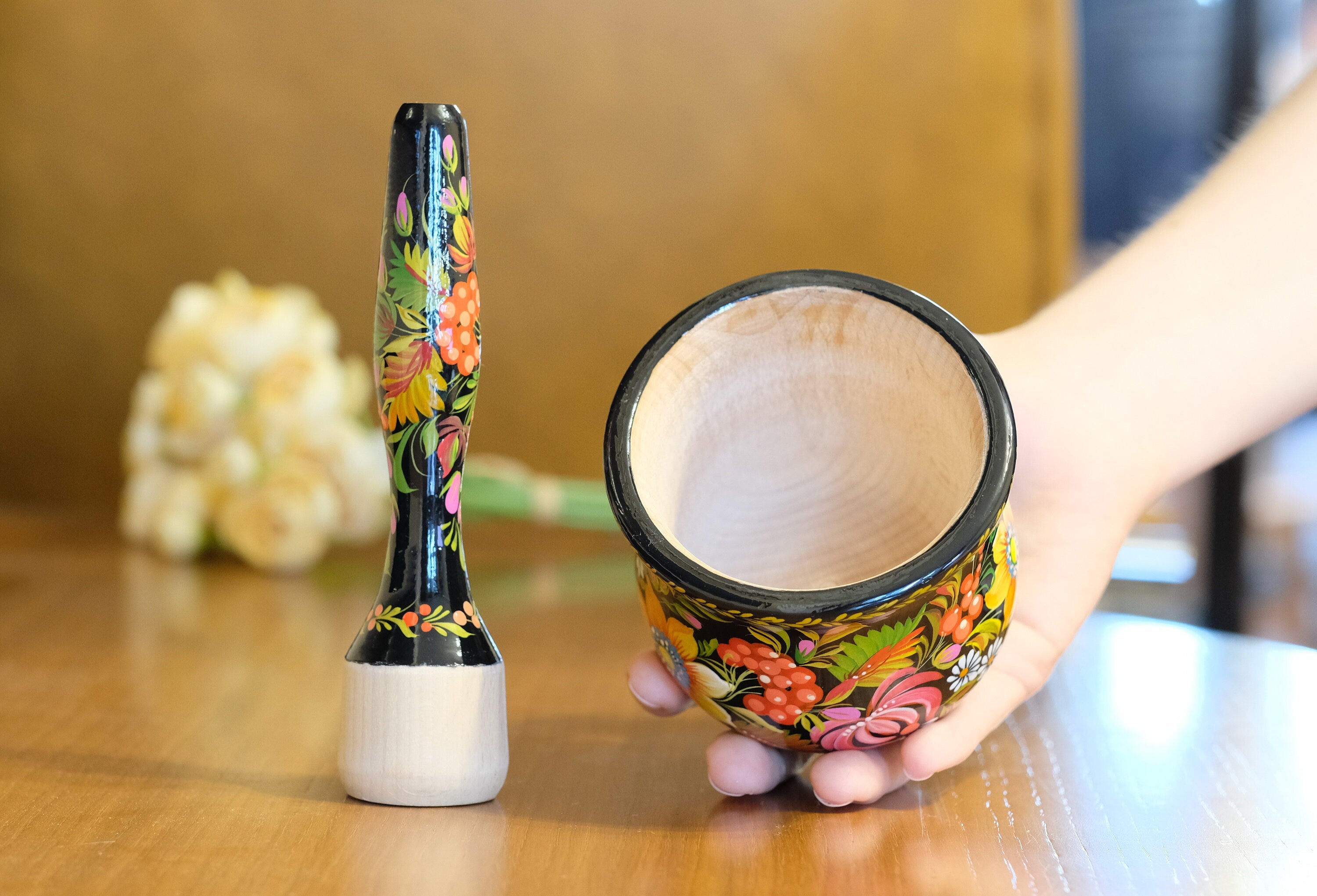 Wooden Sunflower Mortar and Pestle Set - Handmade Yellow Flower Painted Spices and Herb Masher, Petrykivka Art