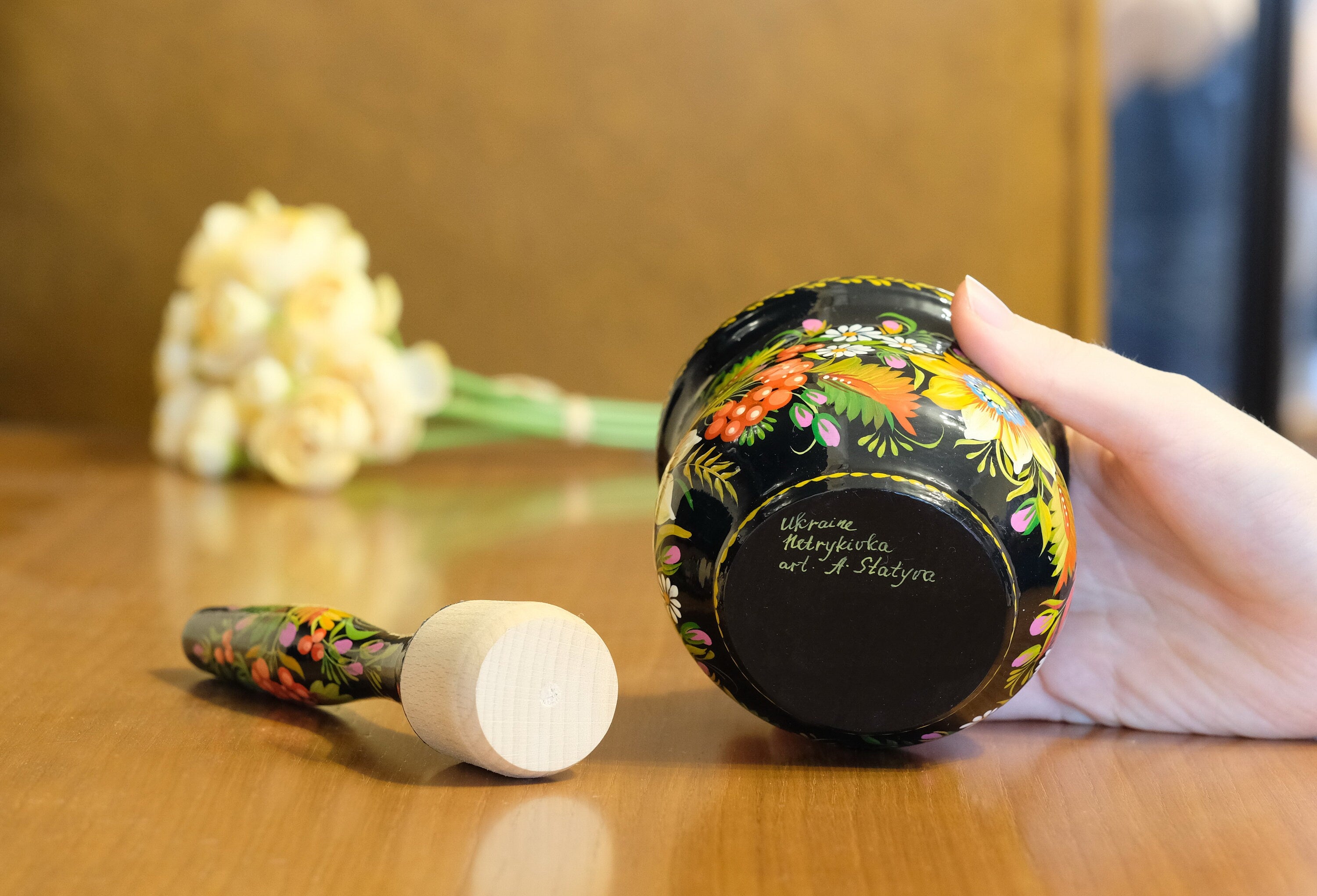 Wooden Sunflower Mortar and Pestle Set - Handmade Yellow Flower Painted Spices and Herb Masher, Petrykivka Art