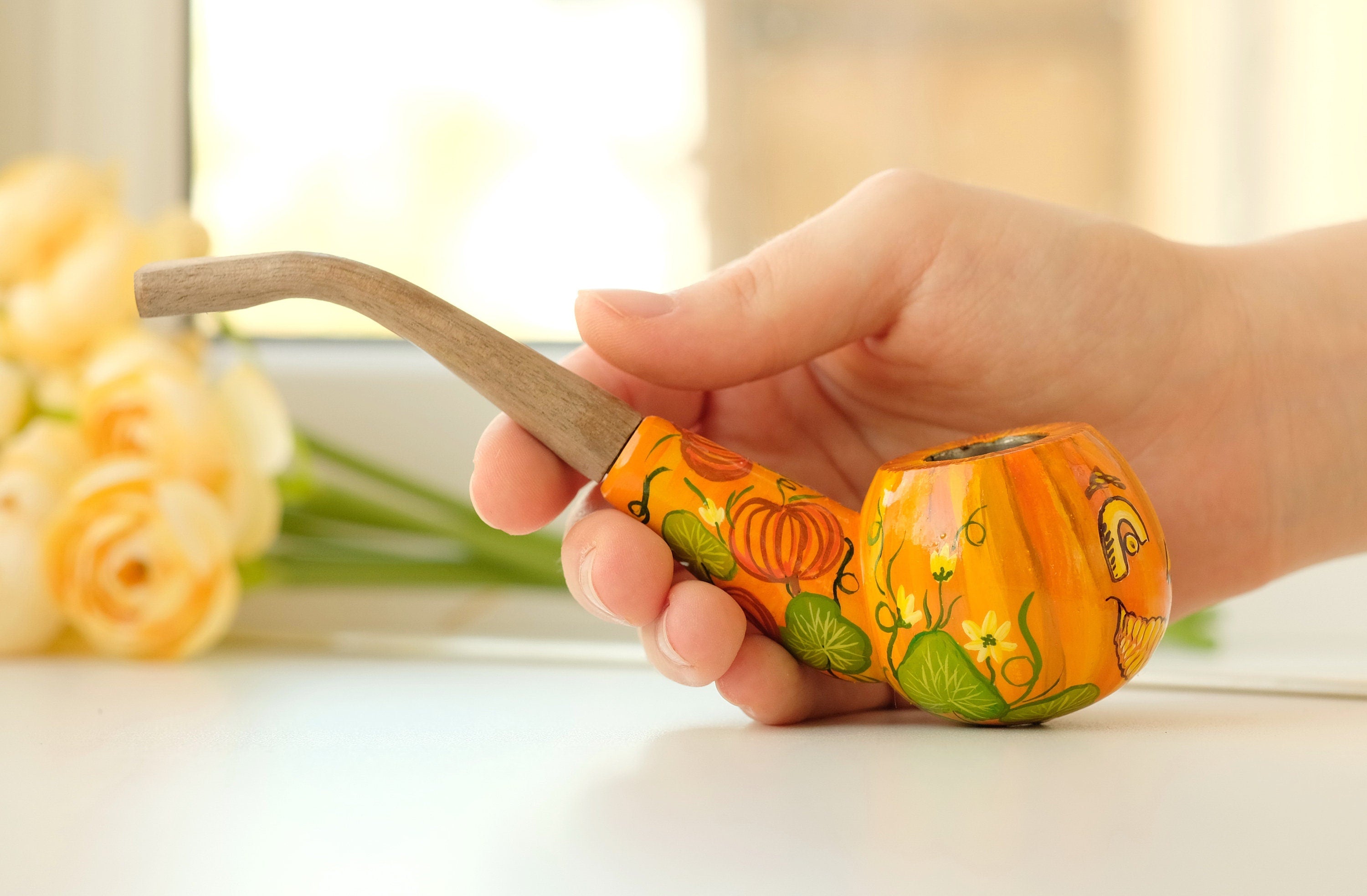 Painted Halloween smoking pipe - Wooden pumpkin Jack-o'-lantern tobacco pipe