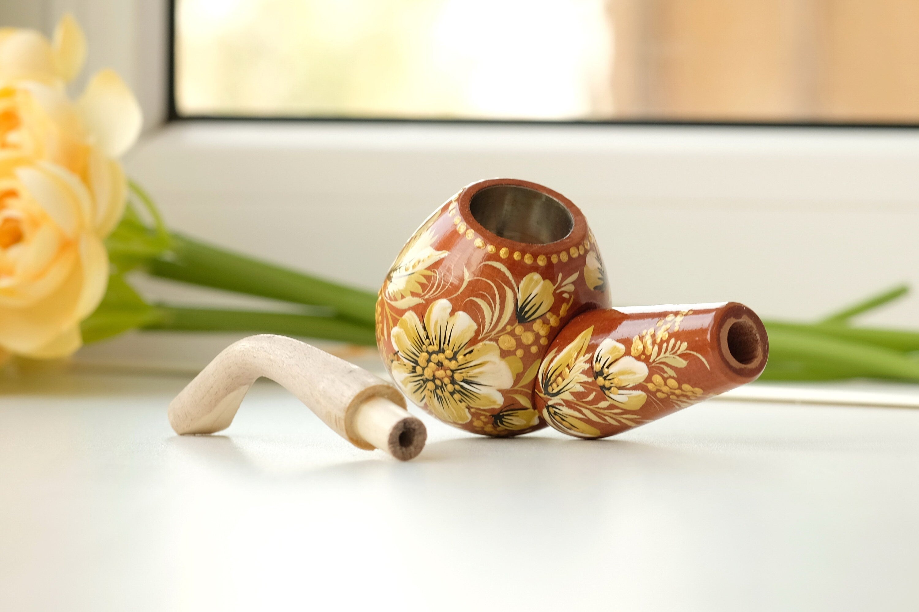 Wooden Tobacco Smoking Pipe - Personalized Beige & Gold Flower Pipe with Ukrainian Folk Art Petrykivka