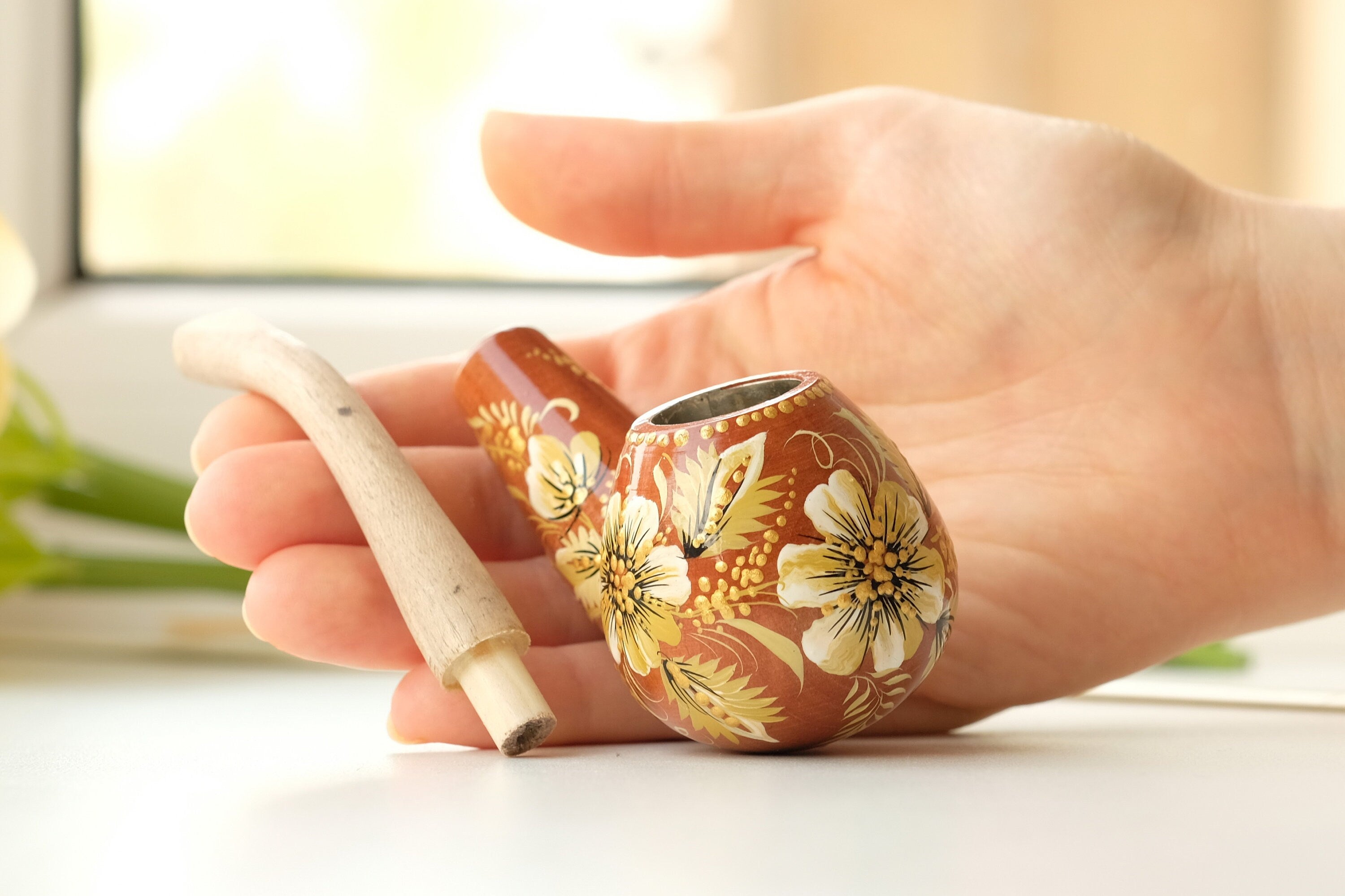 Wooden Tobacco Smoking Pipe - Personalized Beige & Gold Flower Pipe with Ukrainian Folk Art Petrykivka