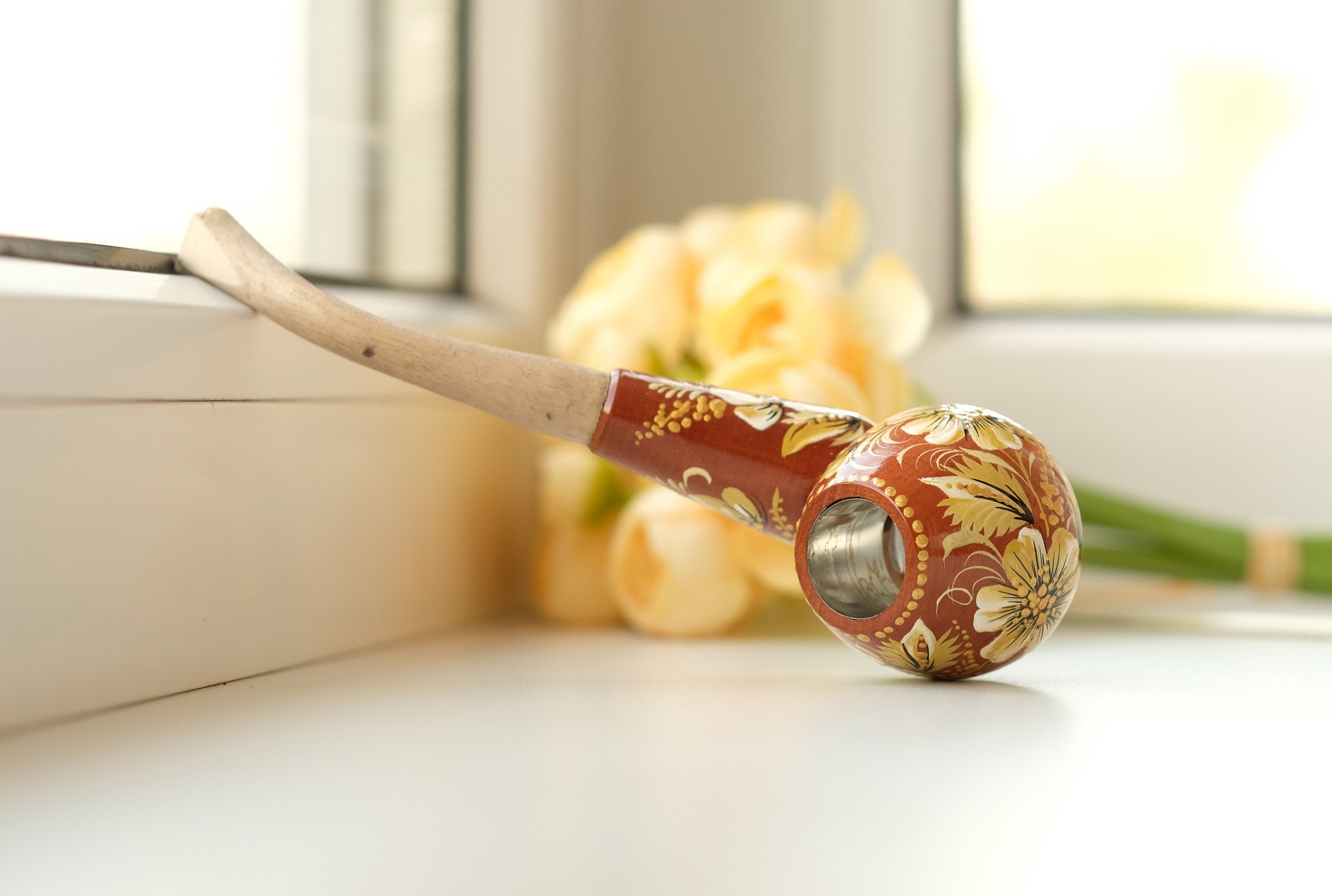 Wooden Tobacco Smoking Pipe - Personalized Beige & Gold Flower Pipe with Ukrainian Folk Art Petrykivka