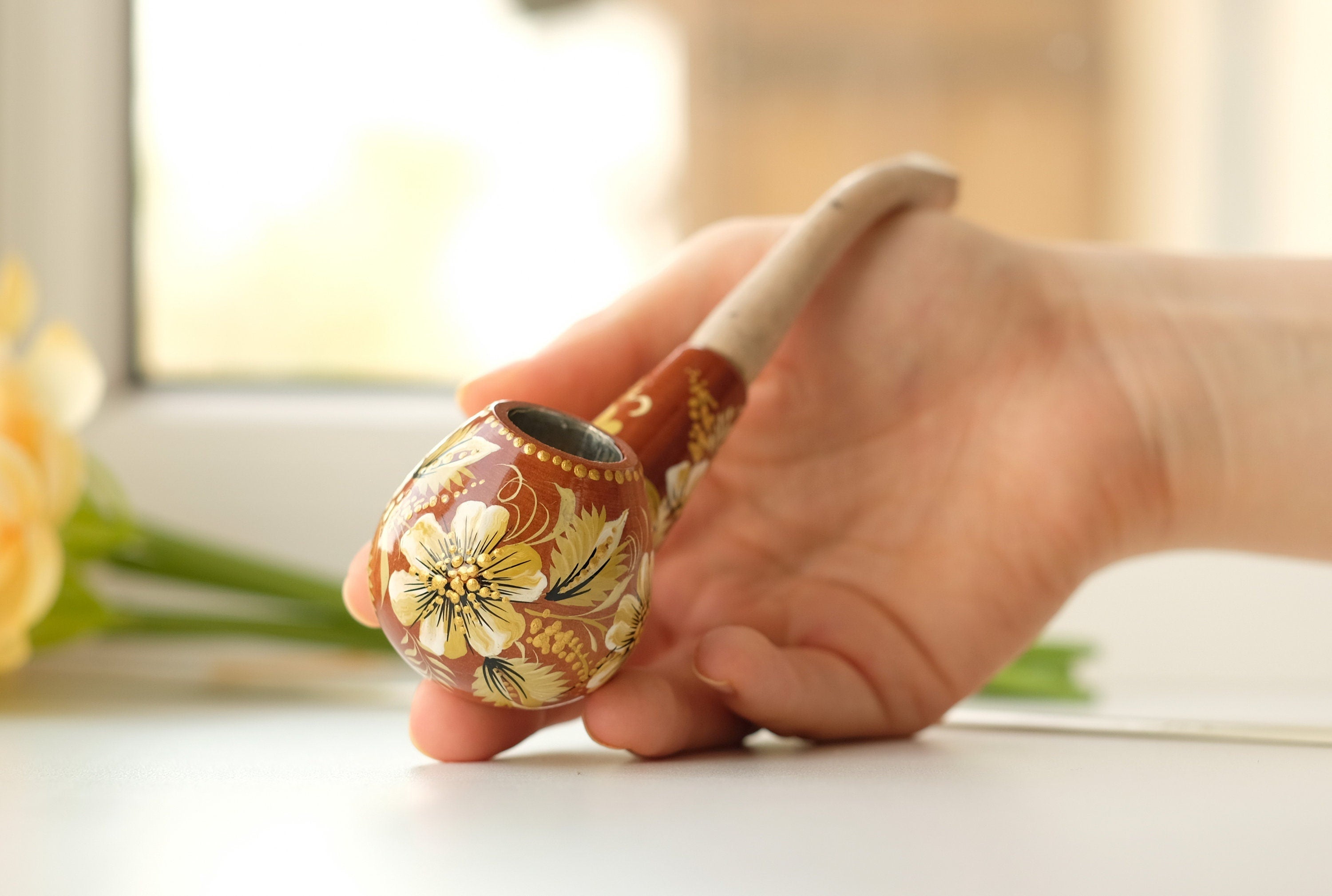 Wooden Tobacco Smoking Pipe - Personalized Beige & Gold Flower Pipe with Ukrainian Folk Art Petrykivka