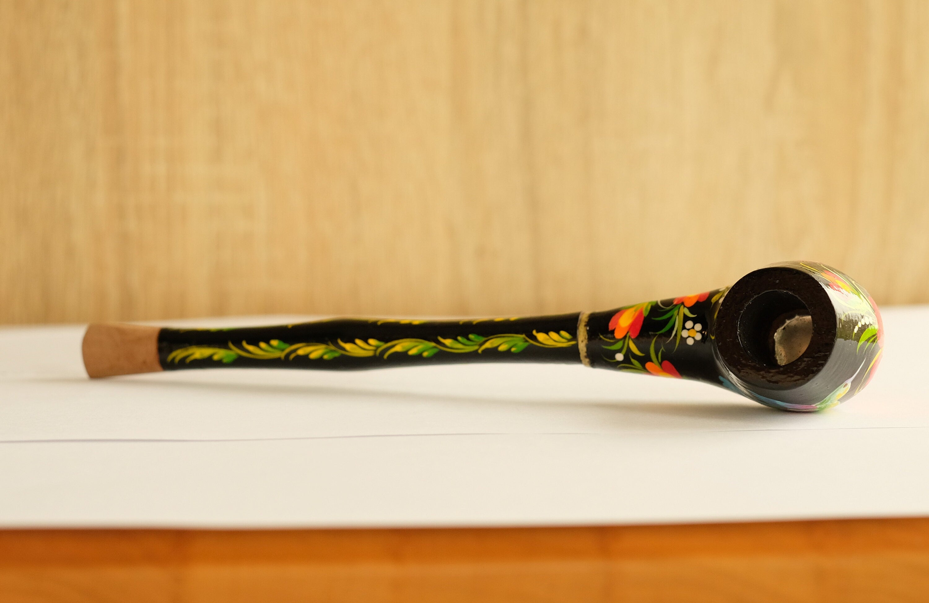 Long Hummingbird Smoking Pipe - Ukrainian Folk Art Petrykivka - Painted Wooden Tobacco Pipe