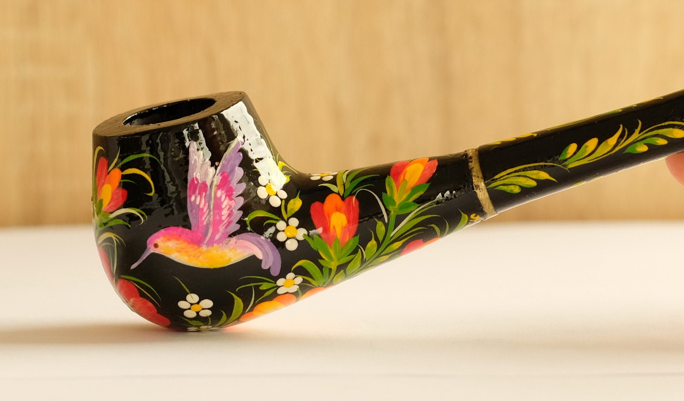 Long Hummingbird Smoking Pipe - Ukrainian Folk Art Petrykivka - Painted Wooden Tobacco Pipe