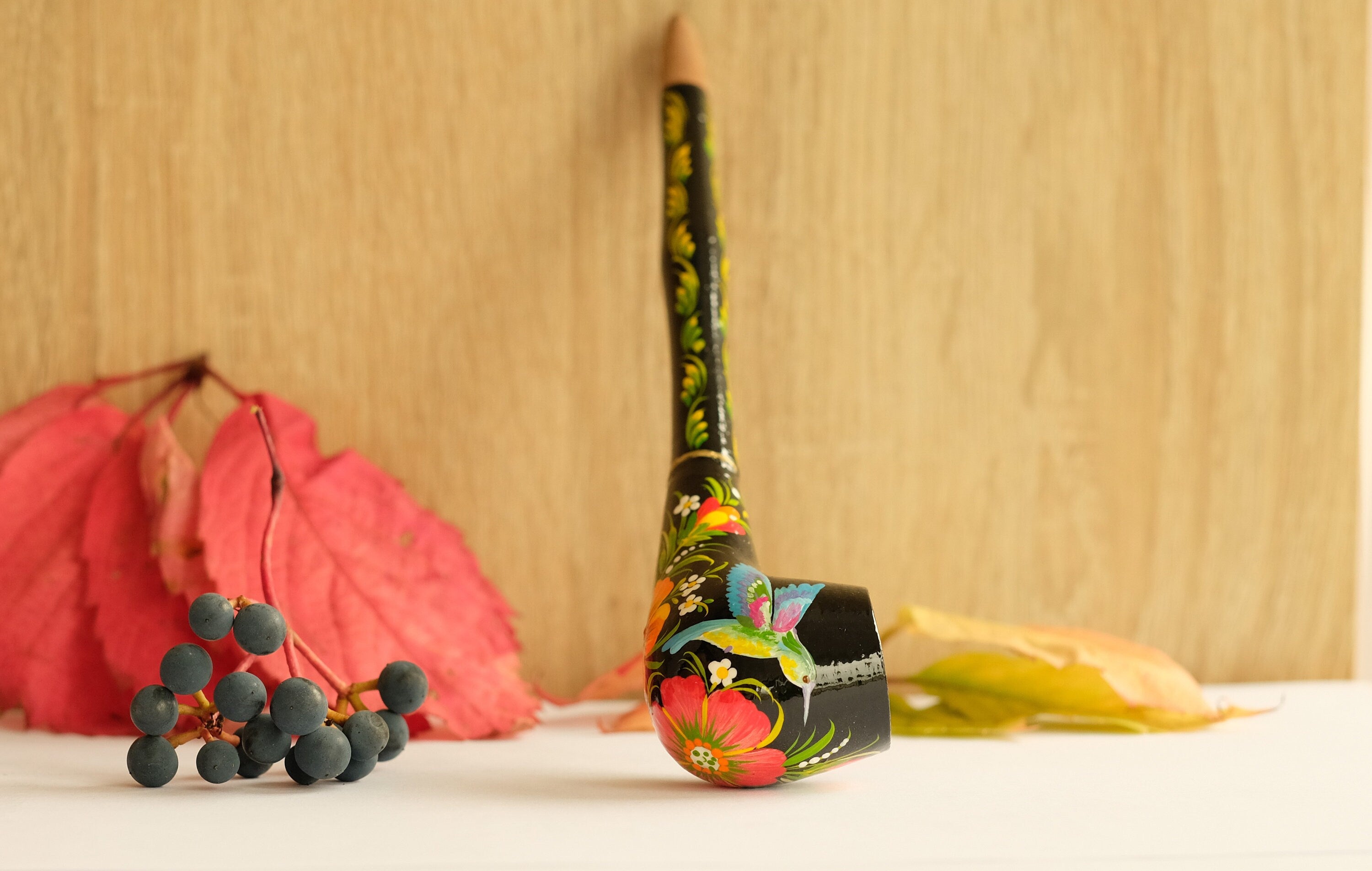 Long Hummingbird Smoking Pipe - Ukrainian Folk Art Petrykivka - Painted Wooden Tobacco Pipe