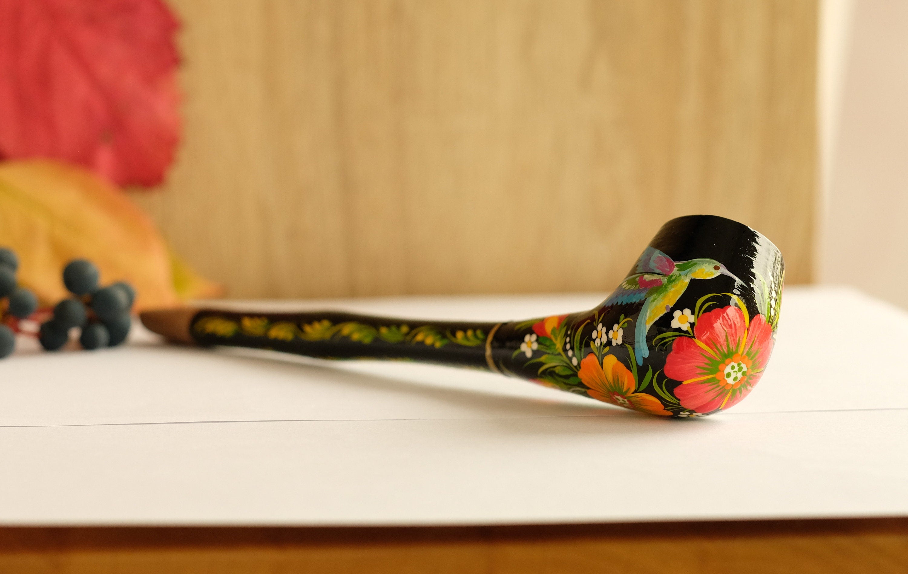 Long Hummingbird Smoking Pipe - Ukrainian Folk Art Petrykivka - Painted Wooden Tobacco Pipe