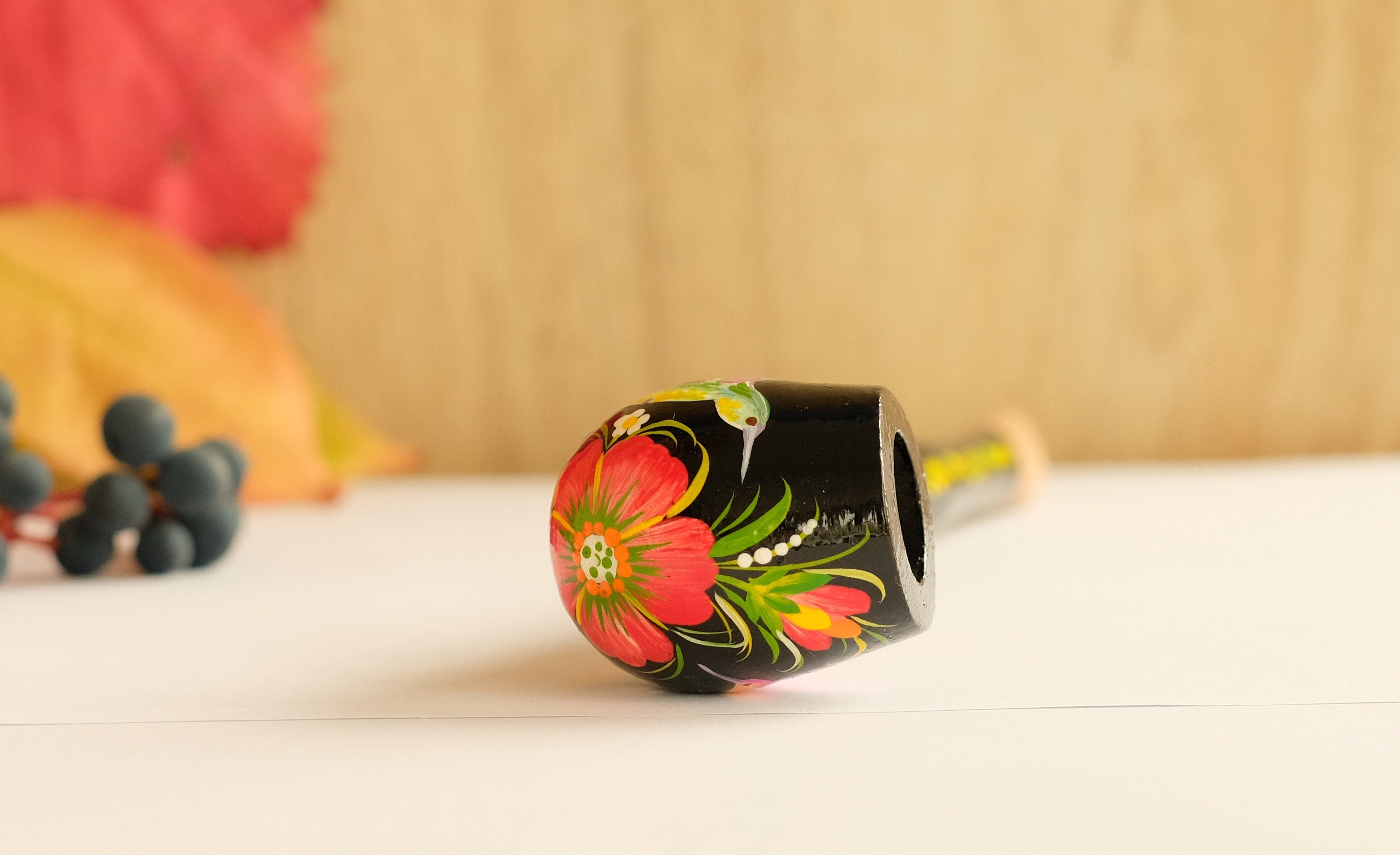 Long Hummingbird Smoking Pipe - Ukrainian Folk Art Petrykivka - Painted Wooden Tobacco Pipe