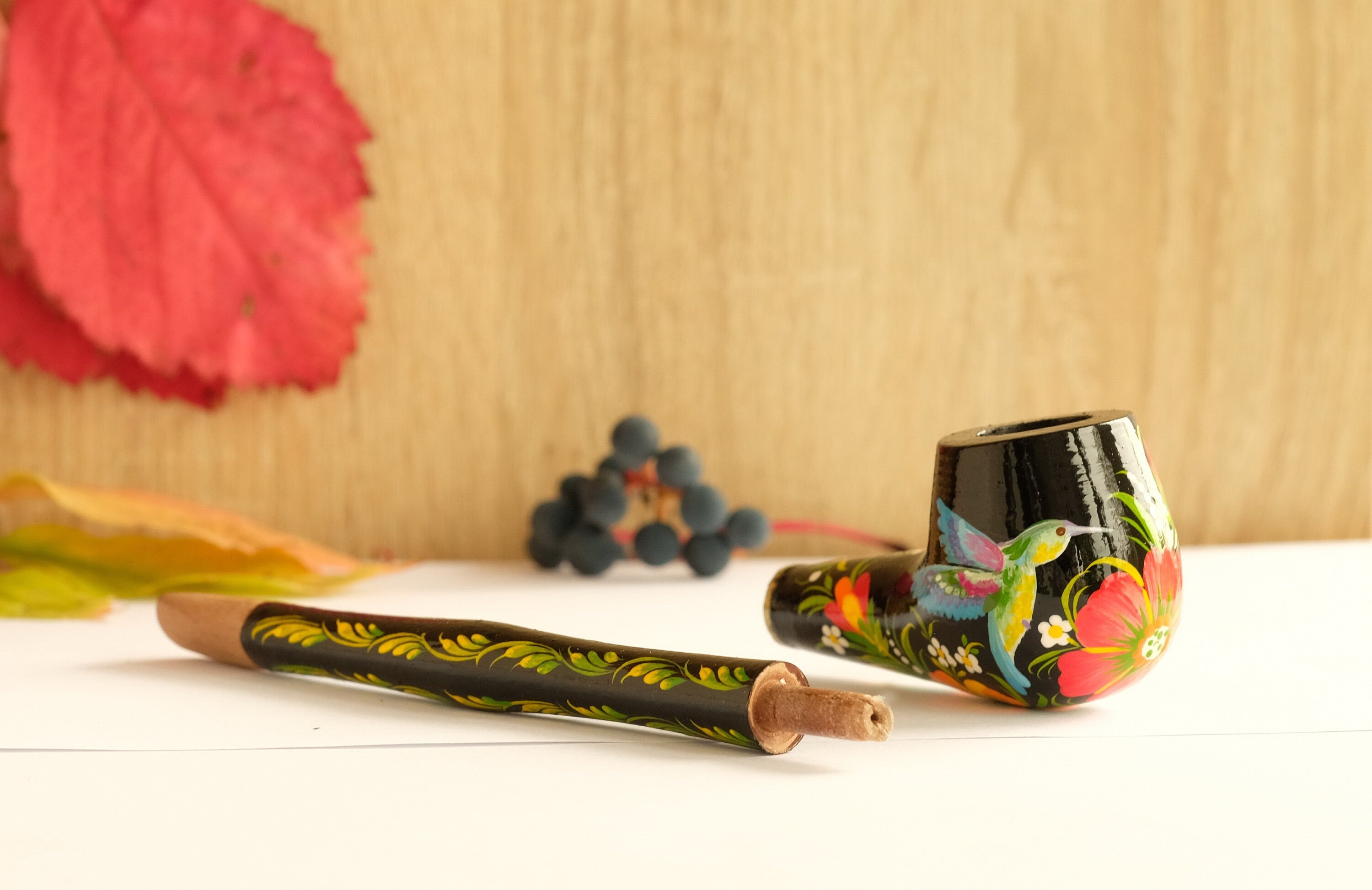 Long Hummingbird Smoking Pipe - Ukrainian Folk Art Petrykivka - Painted Wooden Tobacco Pipe