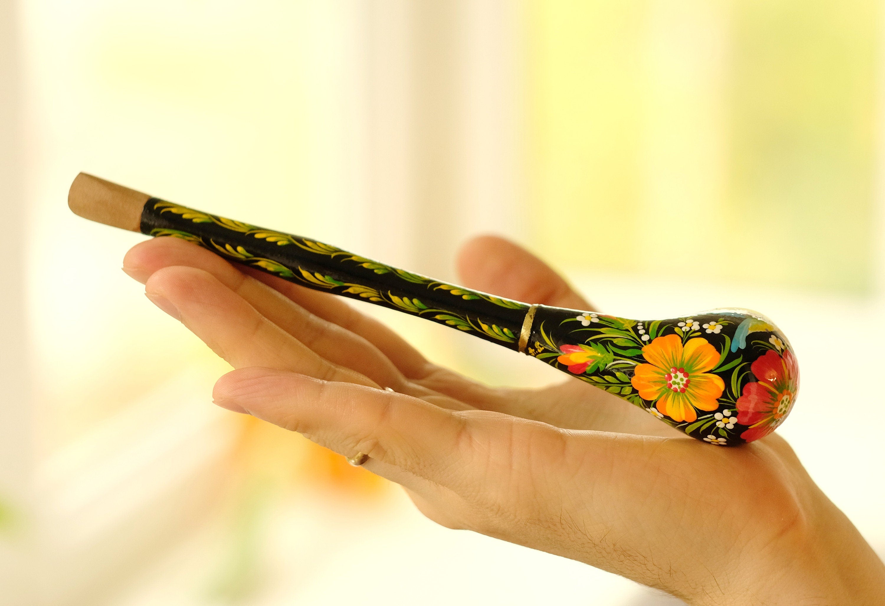 Long Hummingbird Smoking Pipe - Ukrainian Folk Art Petrykivka - Painted Wooden Tobacco Pipe