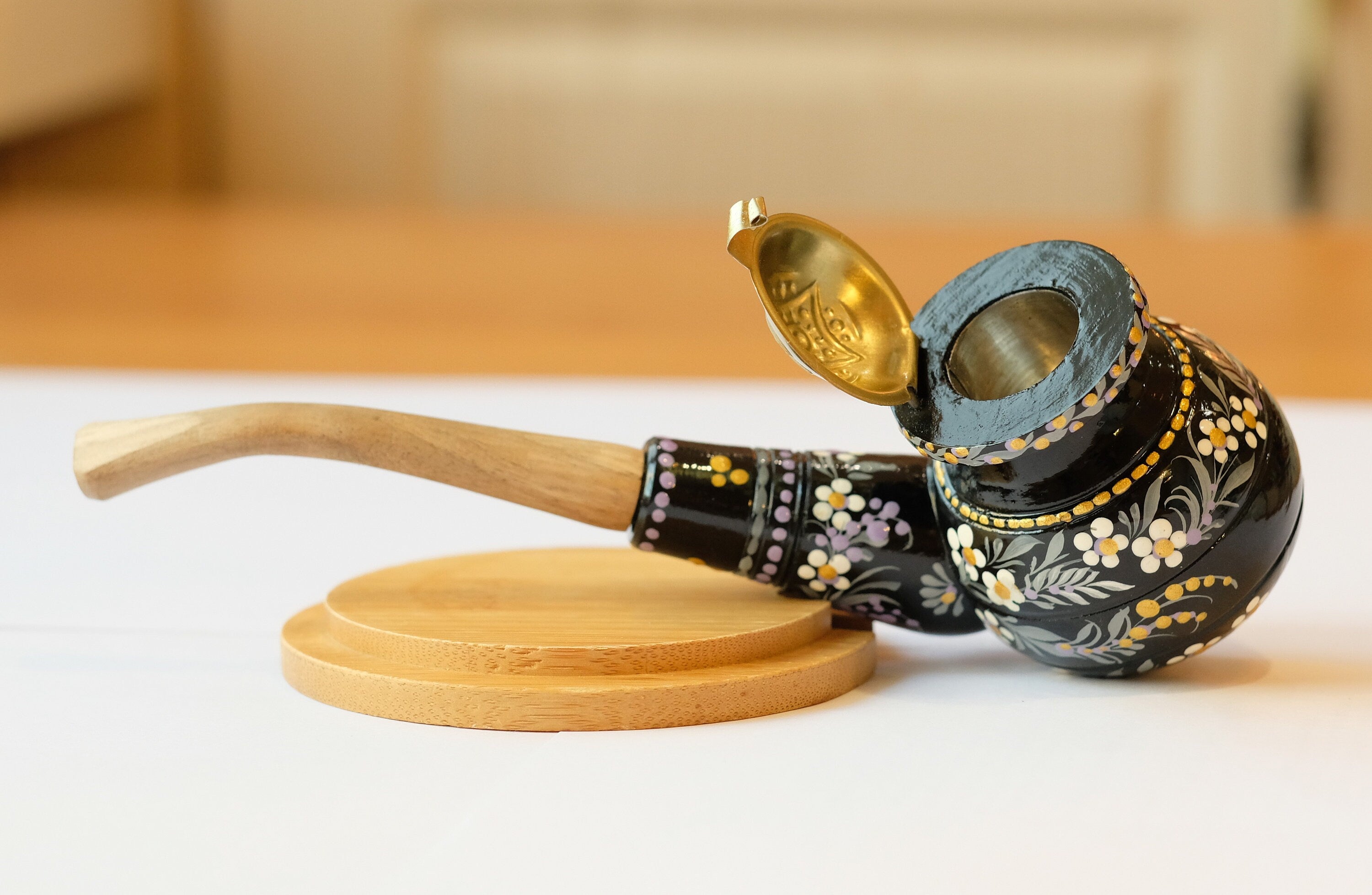 Personalized Wooden Smoking Pipe with Lid - Black Flower Tobacco Pipe with Ukrainian Folk Art Petrykivka