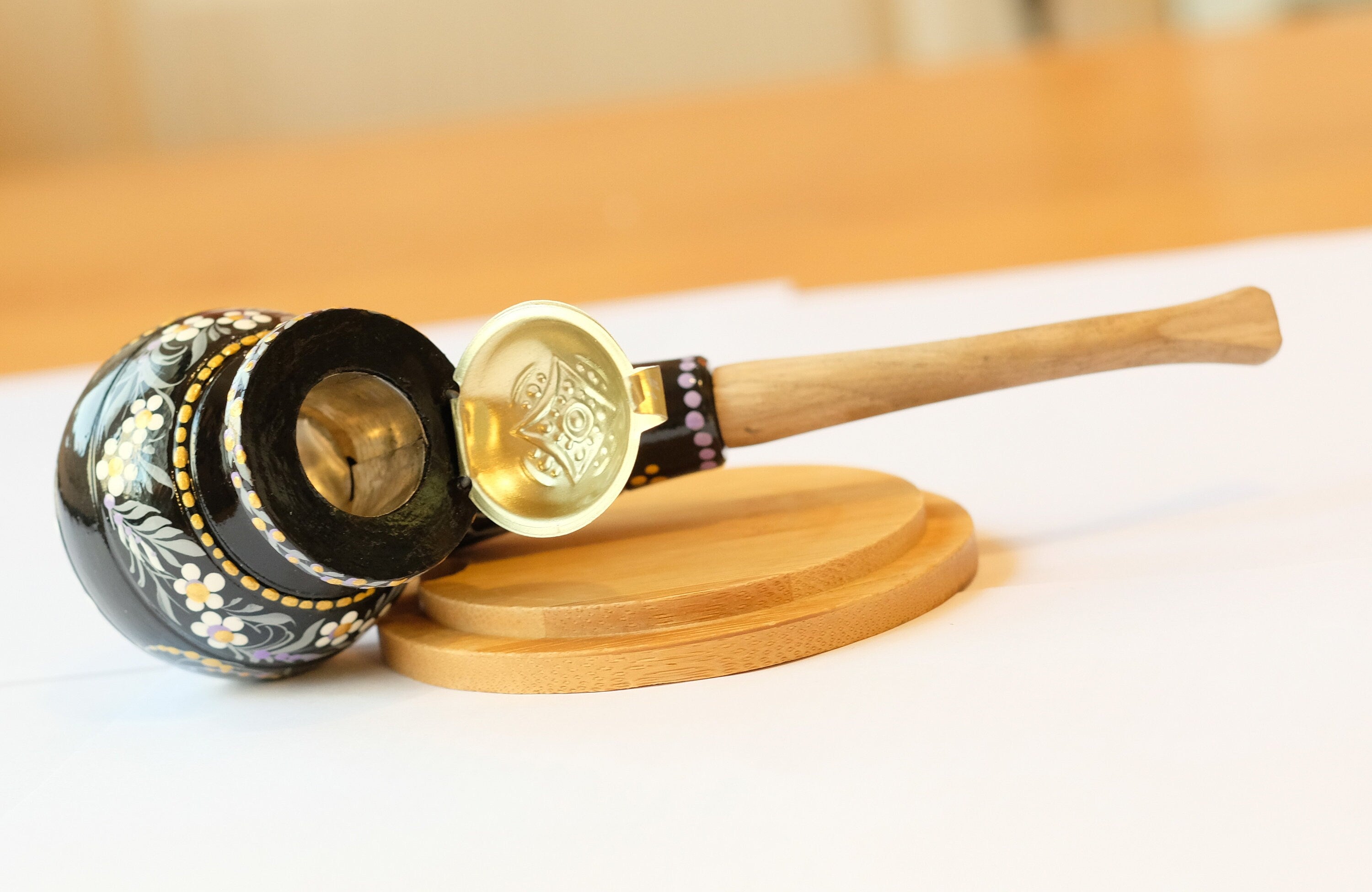 Personalized Wooden Smoking Pipe with Lid - Black Flower Tobacco Pipe with Ukrainian Folk Art Petrykivka