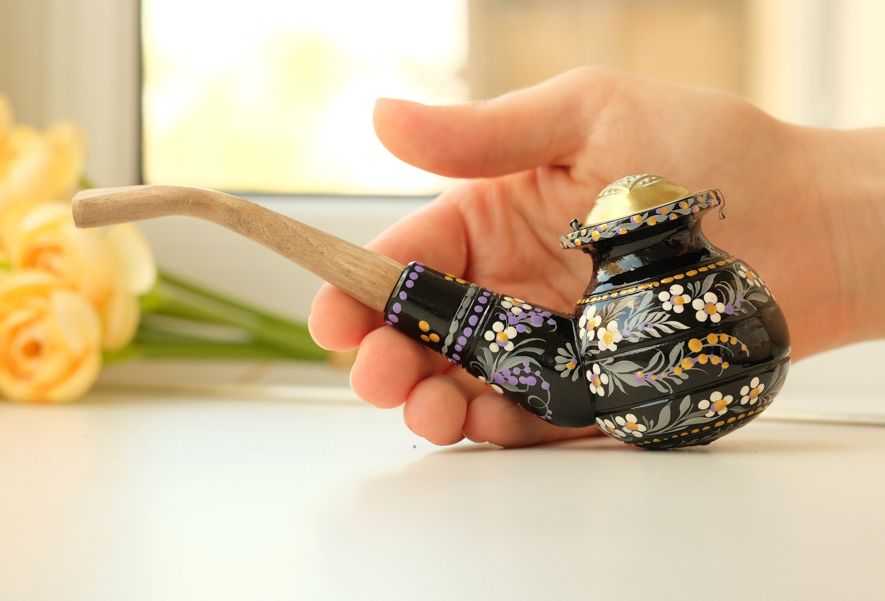 Personalized Wooden Smoking Pipe with Lid - Black Flower Tobacco Pipe with Ukrainian Folk Art Petrykivka
