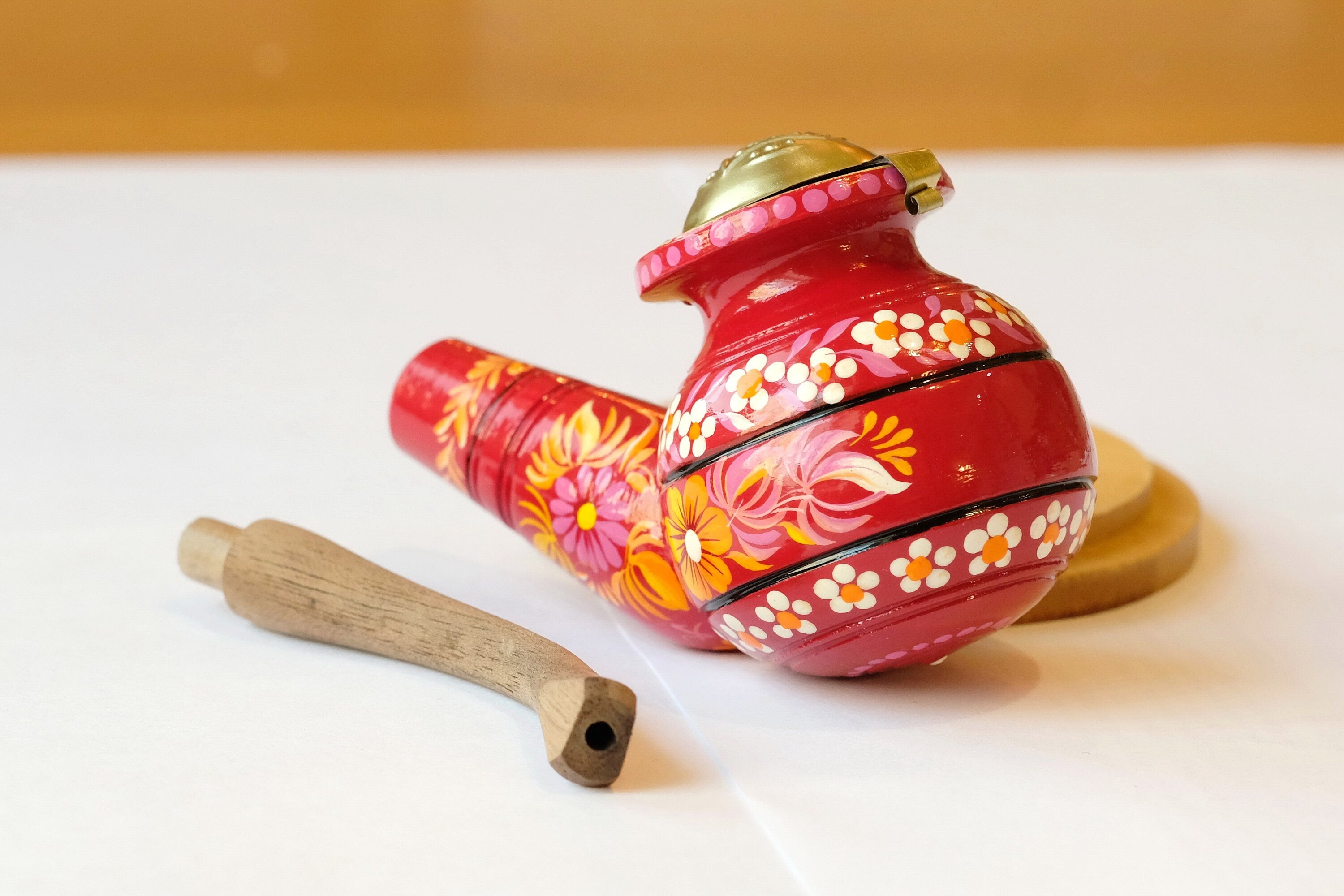 Personalized Wooden Smoking Pipe with Lid - Burgundy Tobacco Pipe with Ukrainian Folk Art Petrykivka