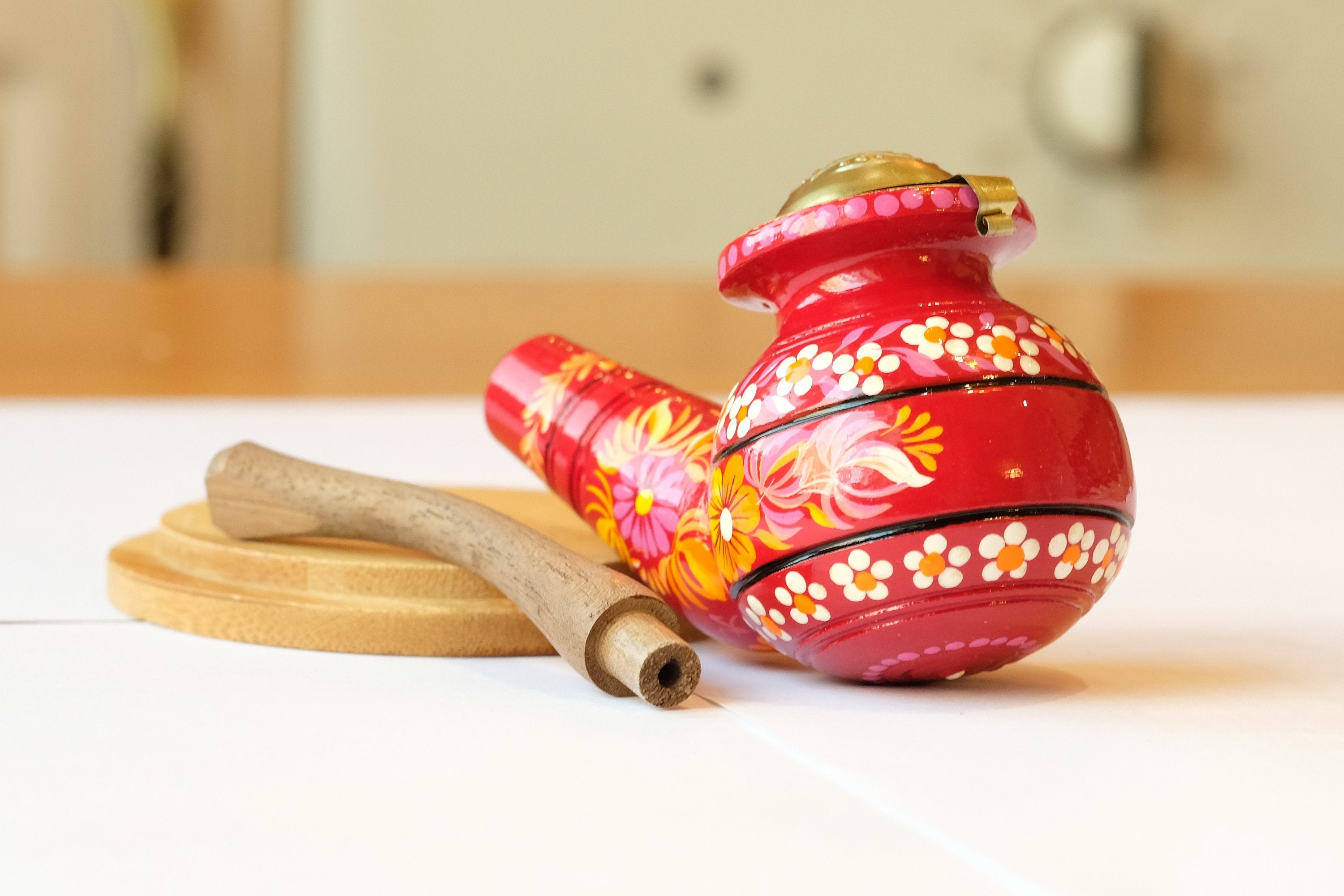 Personalized Wooden Smoking Pipe with Lid - Burgundy Tobacco Pipe with Ukrainian Folk Art Petrykivka