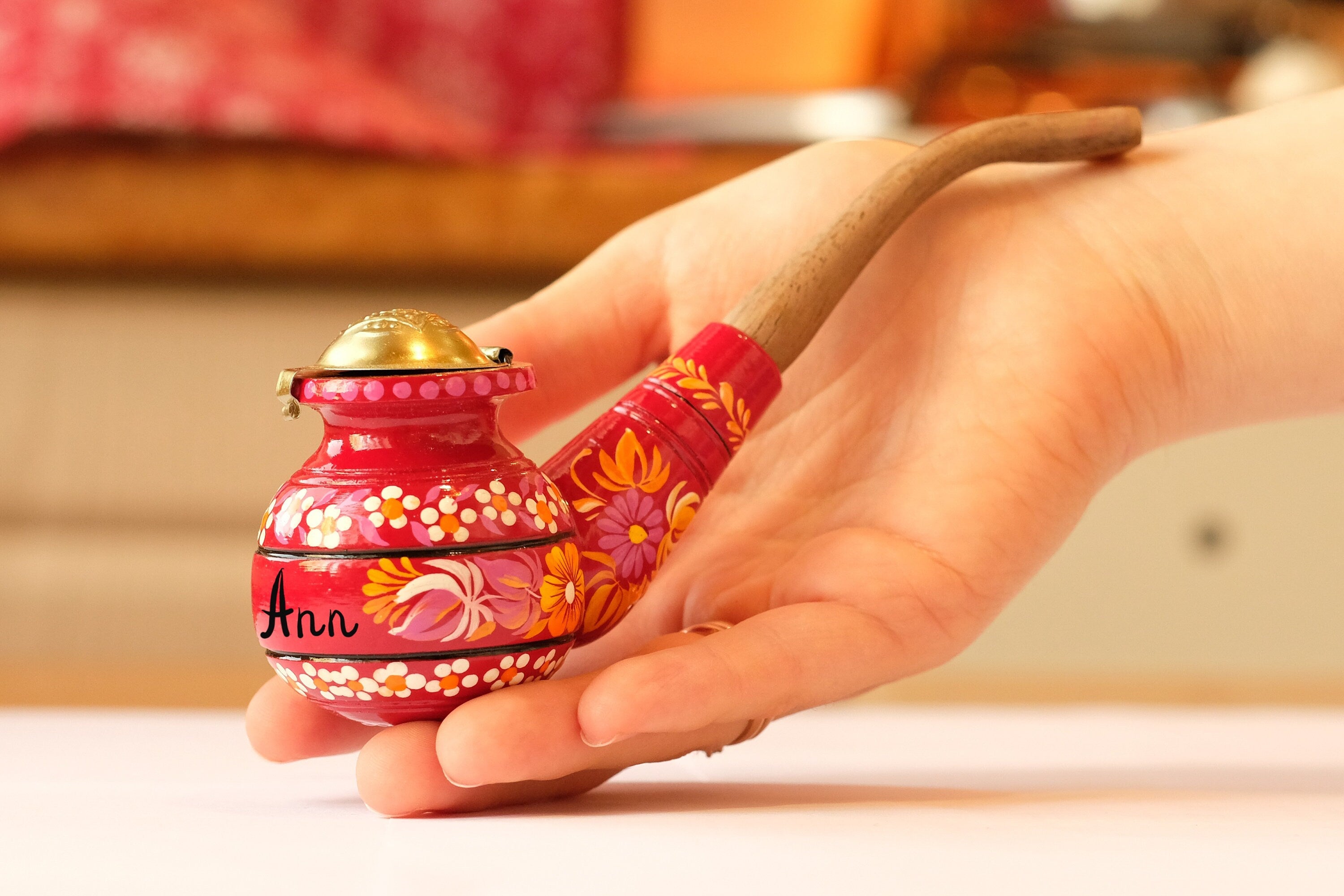 Personalized Wooden Smoking Pipe with Lid - Burgundy Tobacco Pipe with Ukrainian Folk Art Petrykivka
