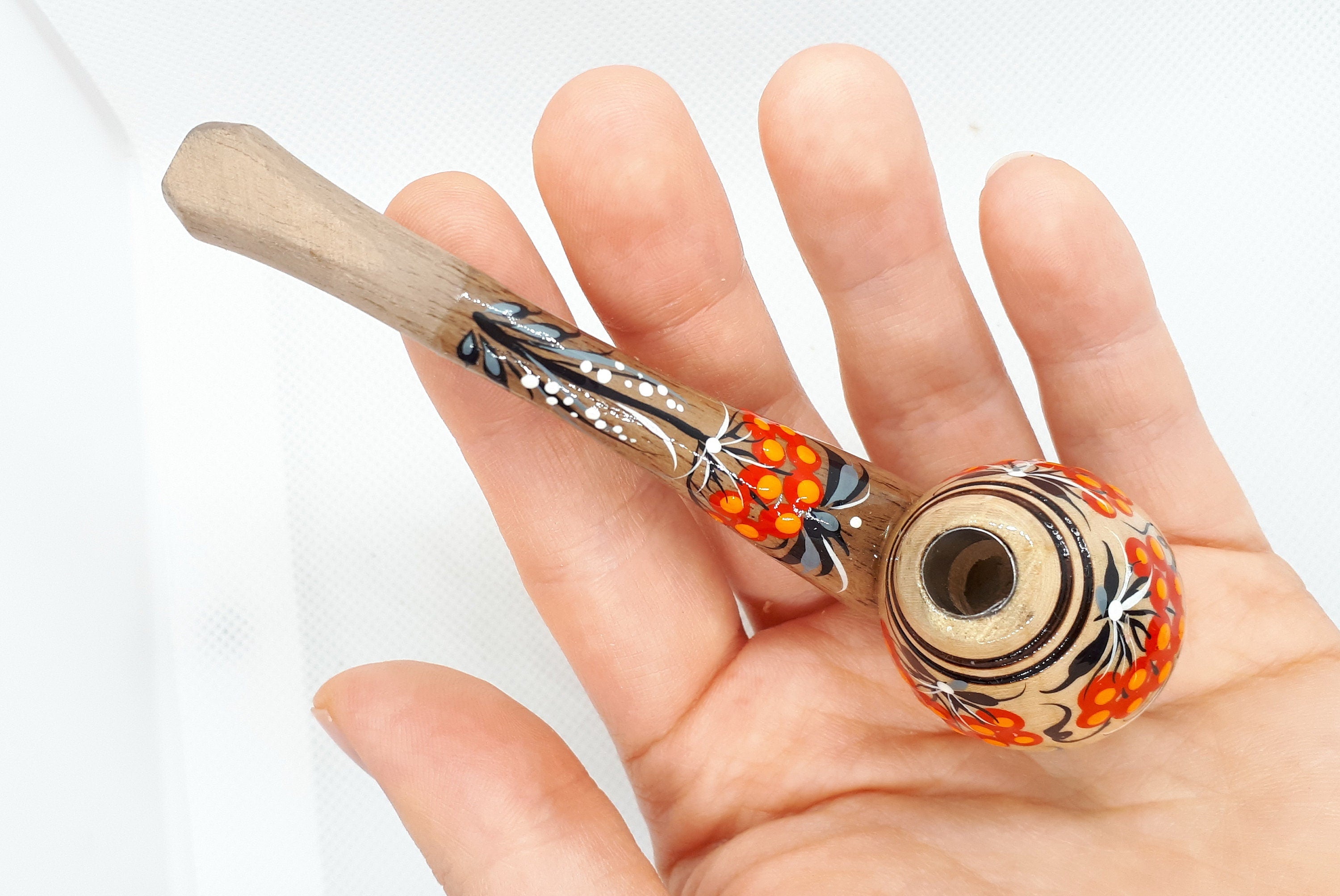 Regular Cigarette Holder - Painted Wooden Mini Pipe Cigarette Holder with Ukrainian Folk Art Petrykivka