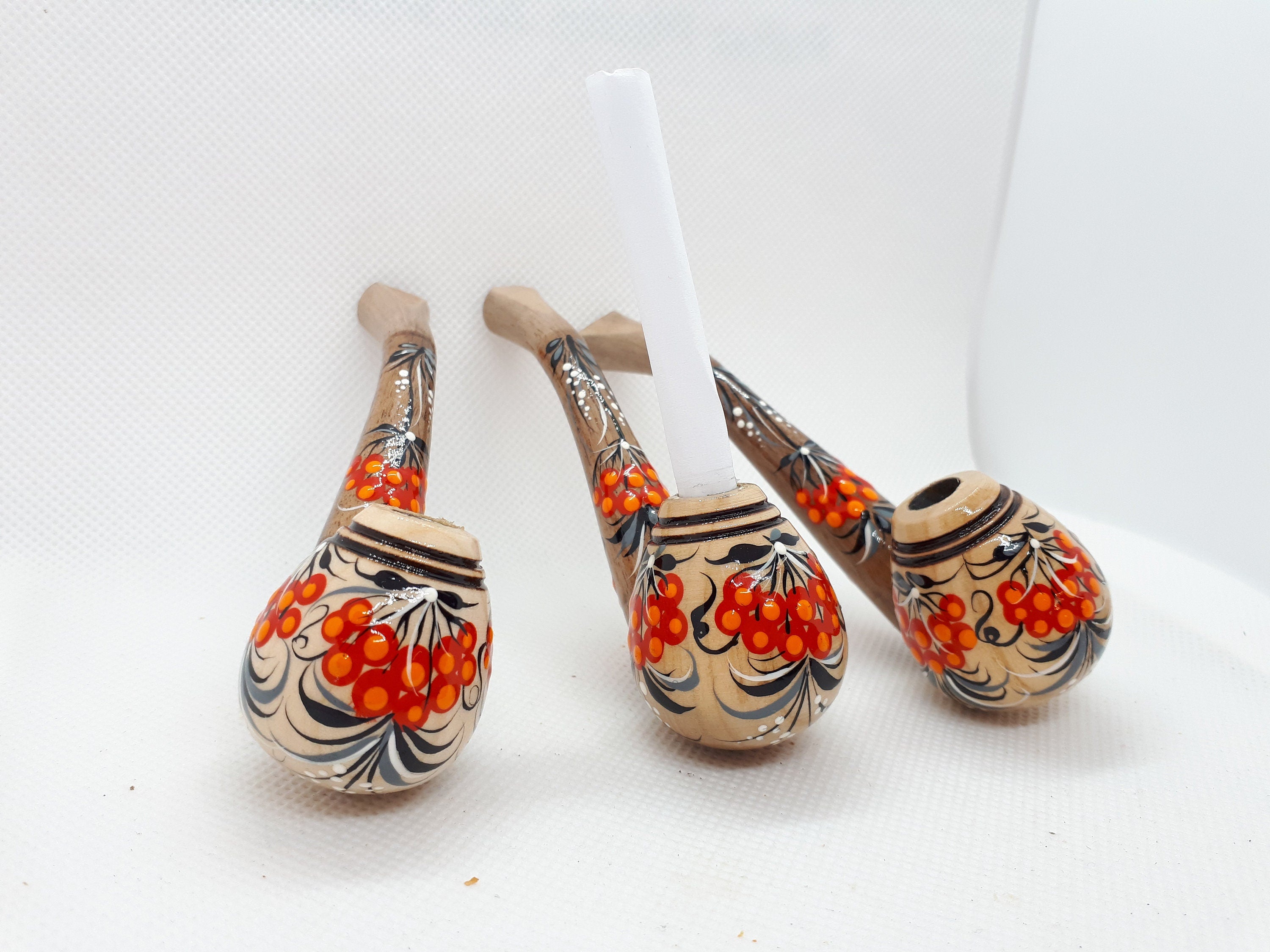 Regular Cigarette Holder - Painted Wooden Mini Pipe Cigarette Holder with Ukrainian Folk Art Petrykivka